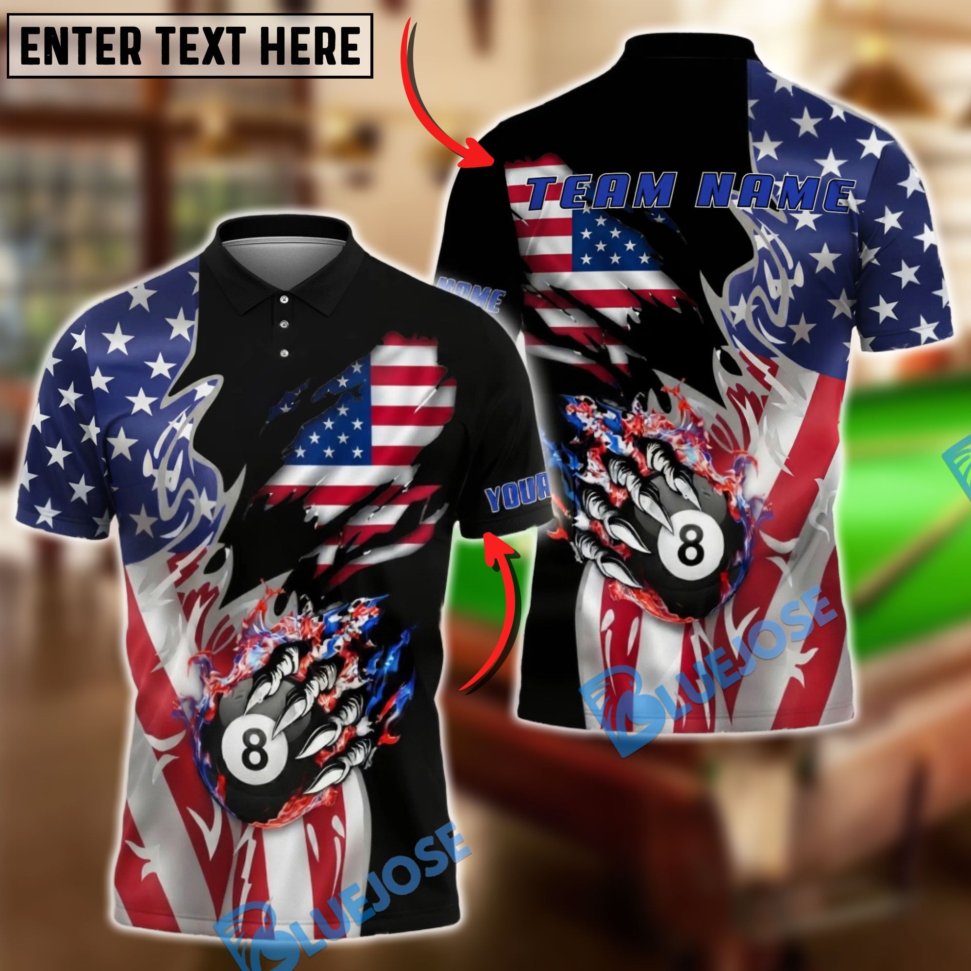 BlueJose Billiards American Flag Flaming 8 Ball Personalized Shirt (2 Colors)