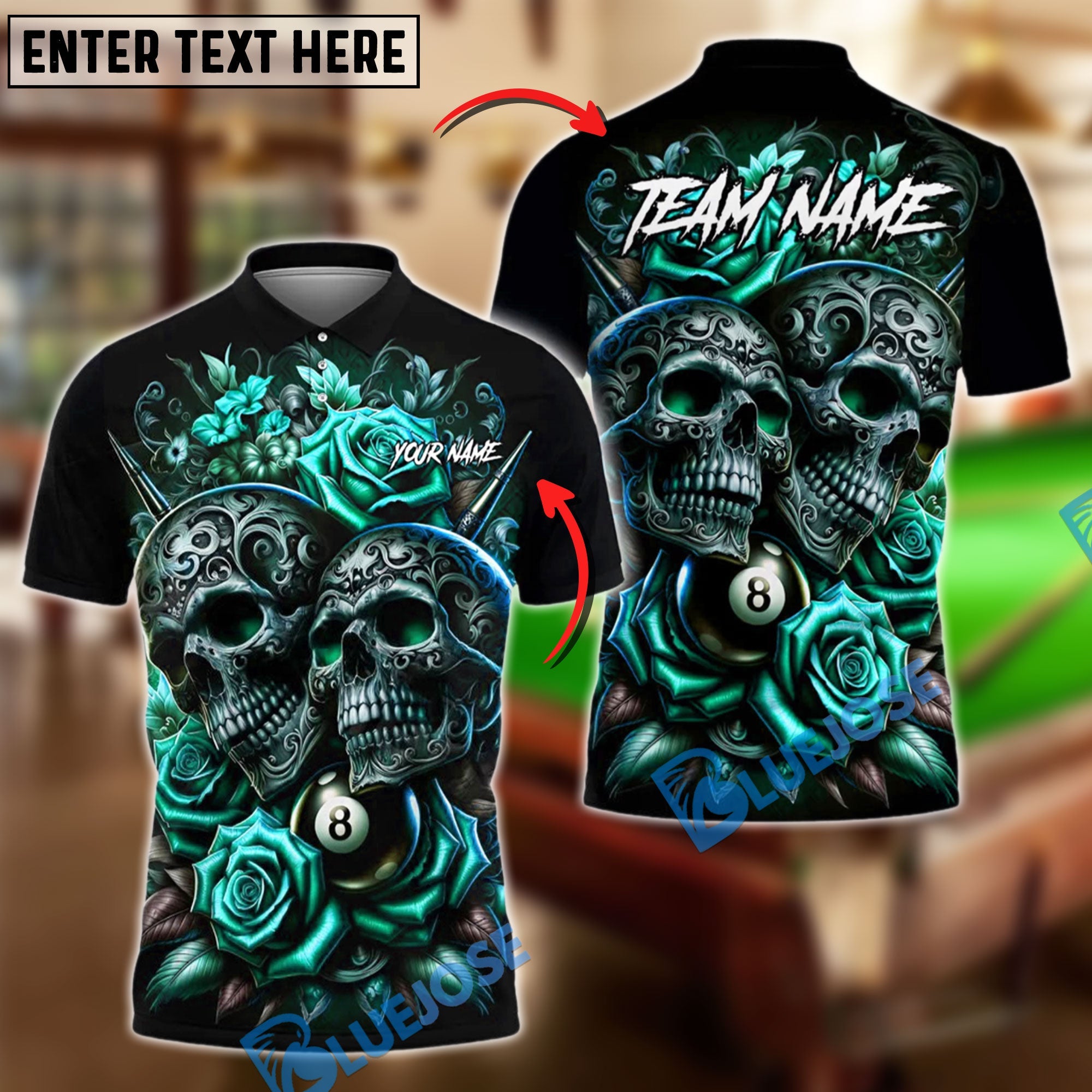 BlueJose Billiards 8-Ball Gothic Skull & Rose Personalized Name Shirt (4 Colors)