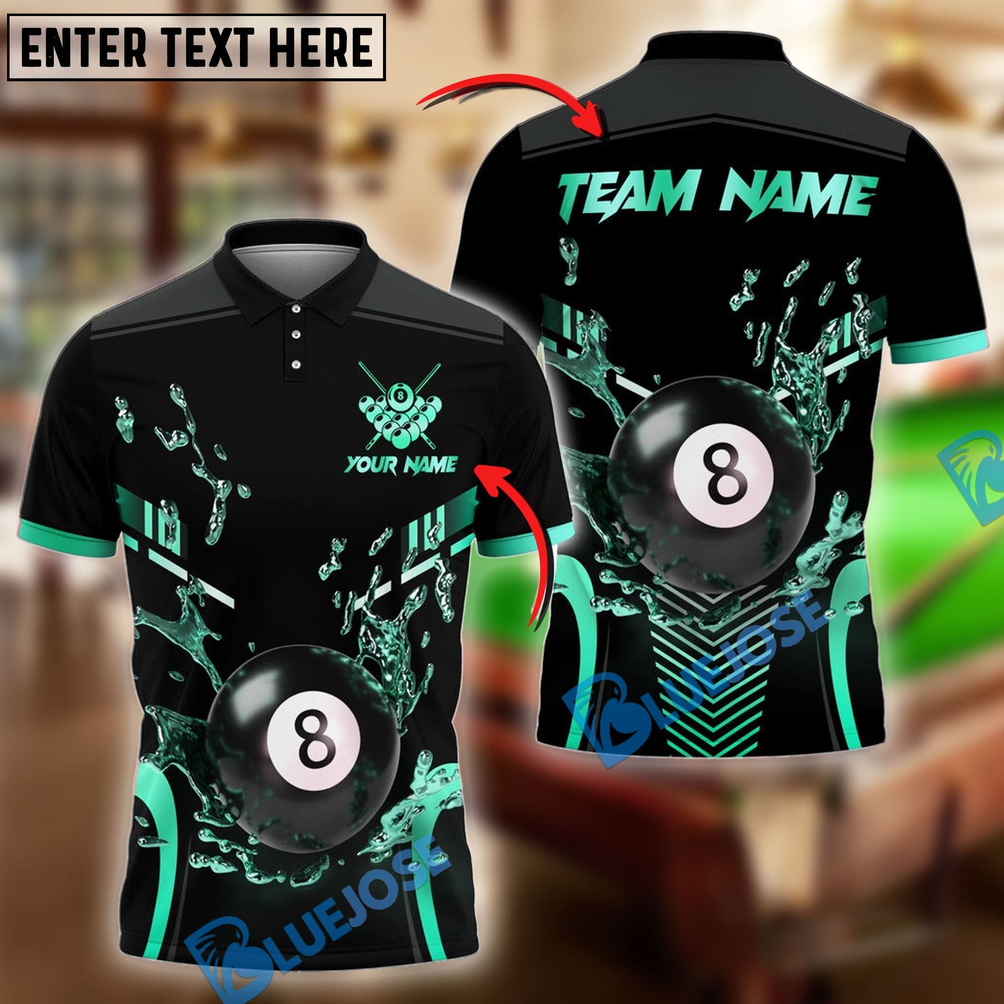 BlueJose Billiards 8 Ball Water Pattern Personalized Name, Team Name Shirt (4 Colors)