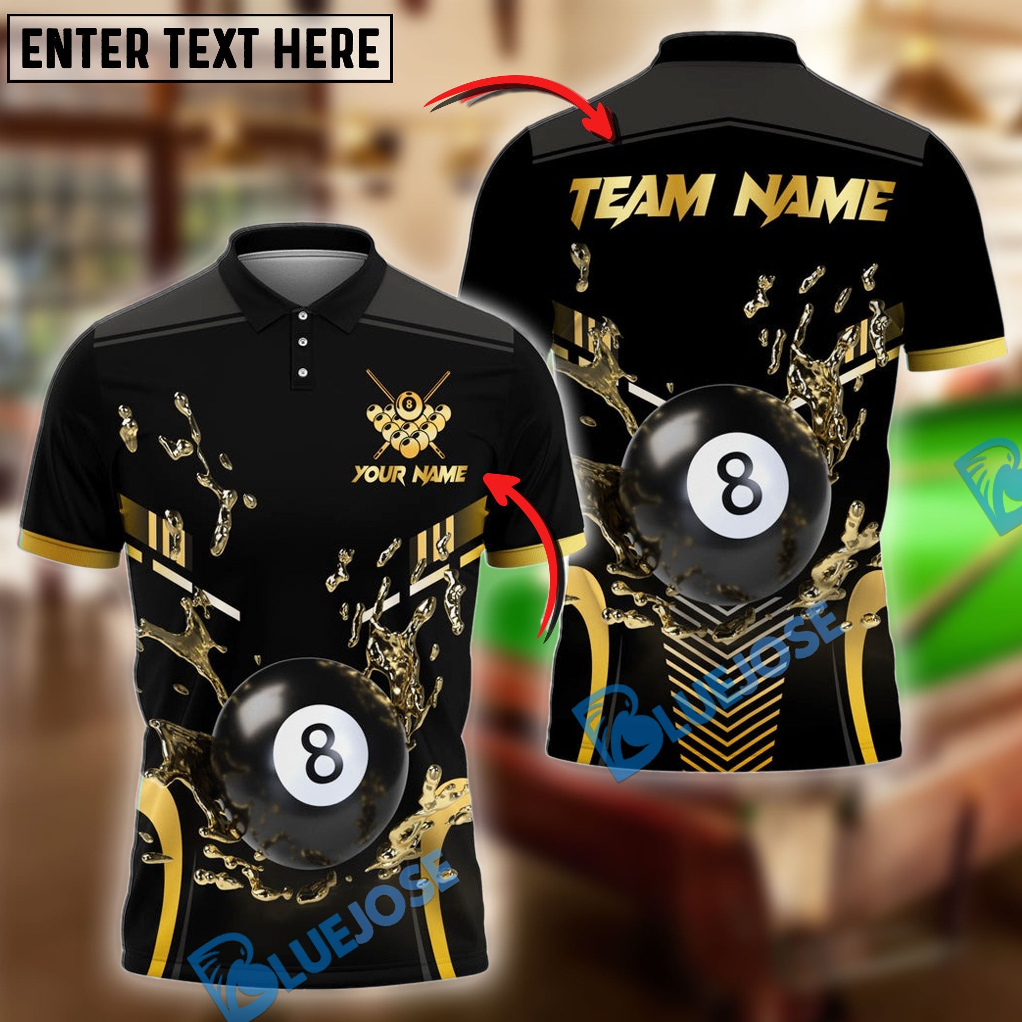 BlueJose Billiards 8 Ball Water Pattern Personalized Name, Team Name Shirt (4 Colors)
