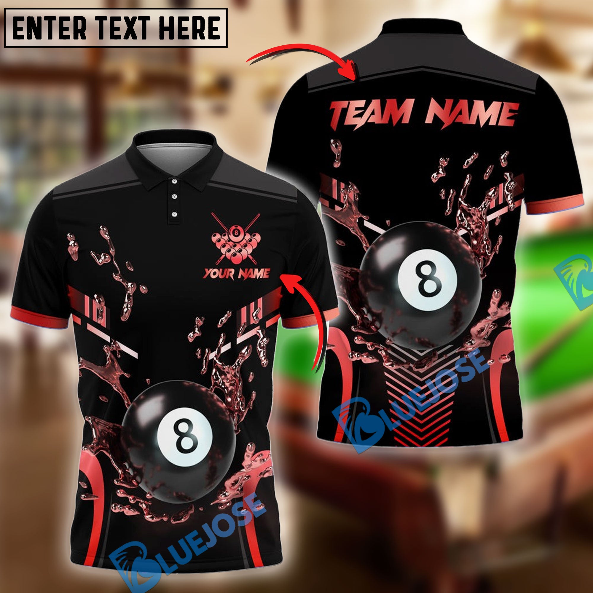 BlueJose Billiards 8 Ball Water Pattern Personalized Name, Team Name Shirt (4 Colors)