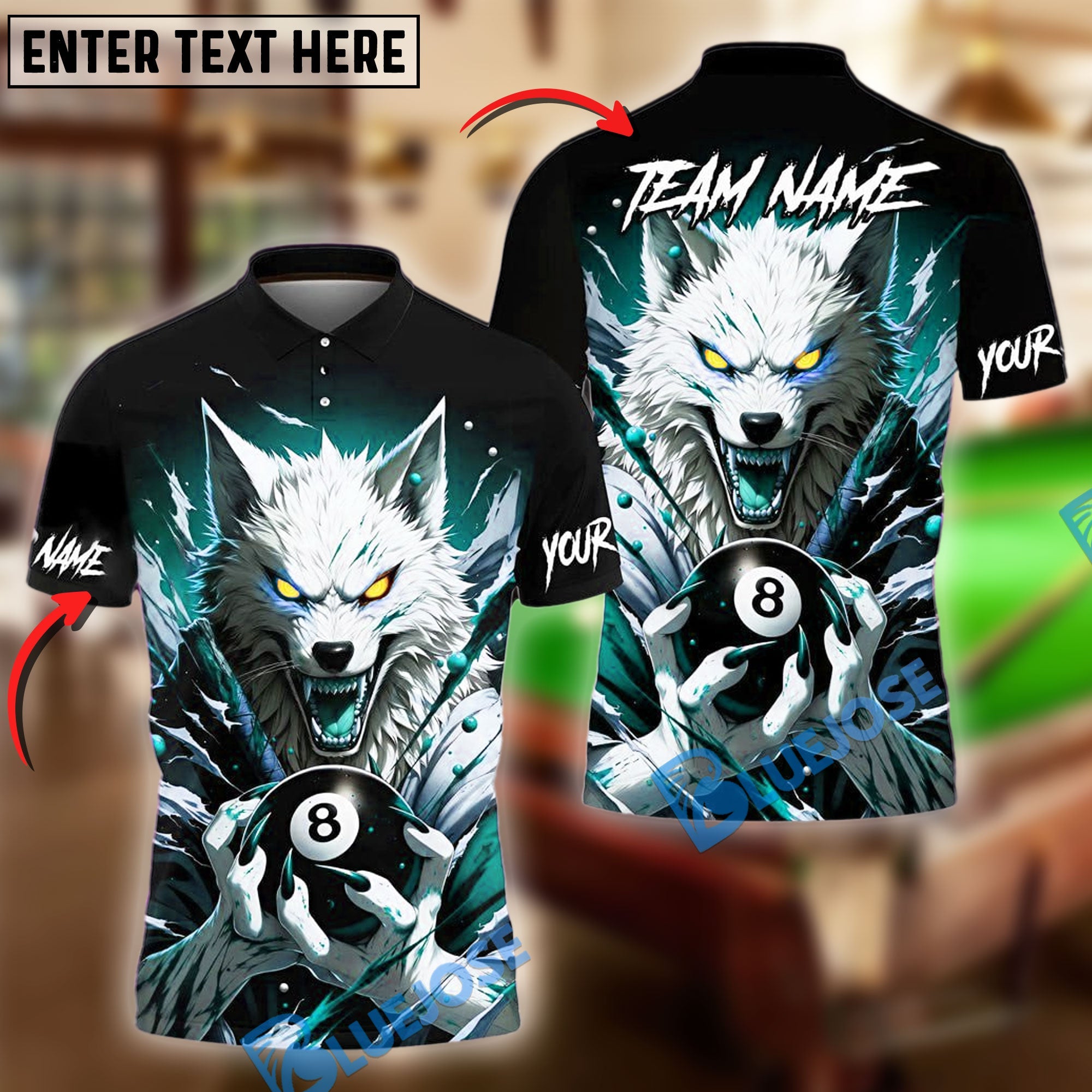BlueJose Billiards Bloody Wolf Holding 8 Ball Personalized Name, Team Name Unisex Shirt ( 4 Colors )