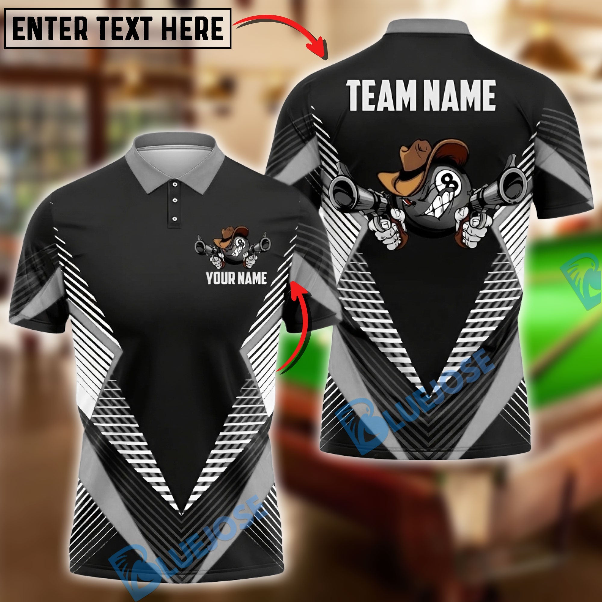 BlueJose Billiards Ball 8 Funny Cowboy Gunslinger Personalized Name, Team Name Unisex Shirt (6 Colors)
