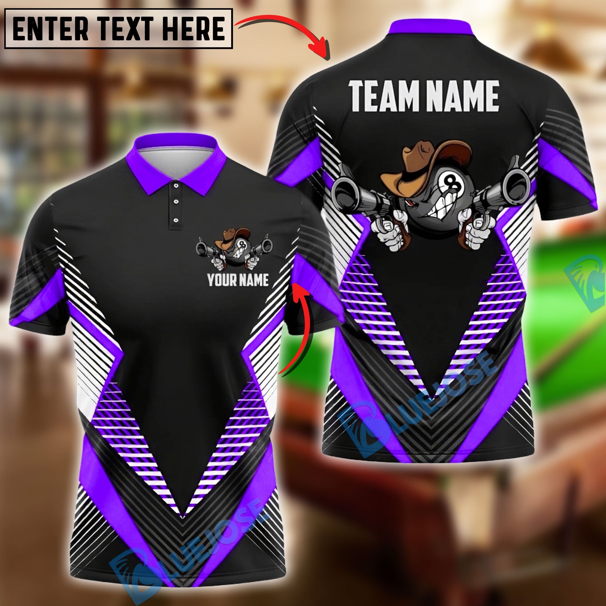 BlueJose Billiards Ball 8 Funny Cowboy Gunslinger Personalized Name, Team Name Unisex Shirt (6 Colors)