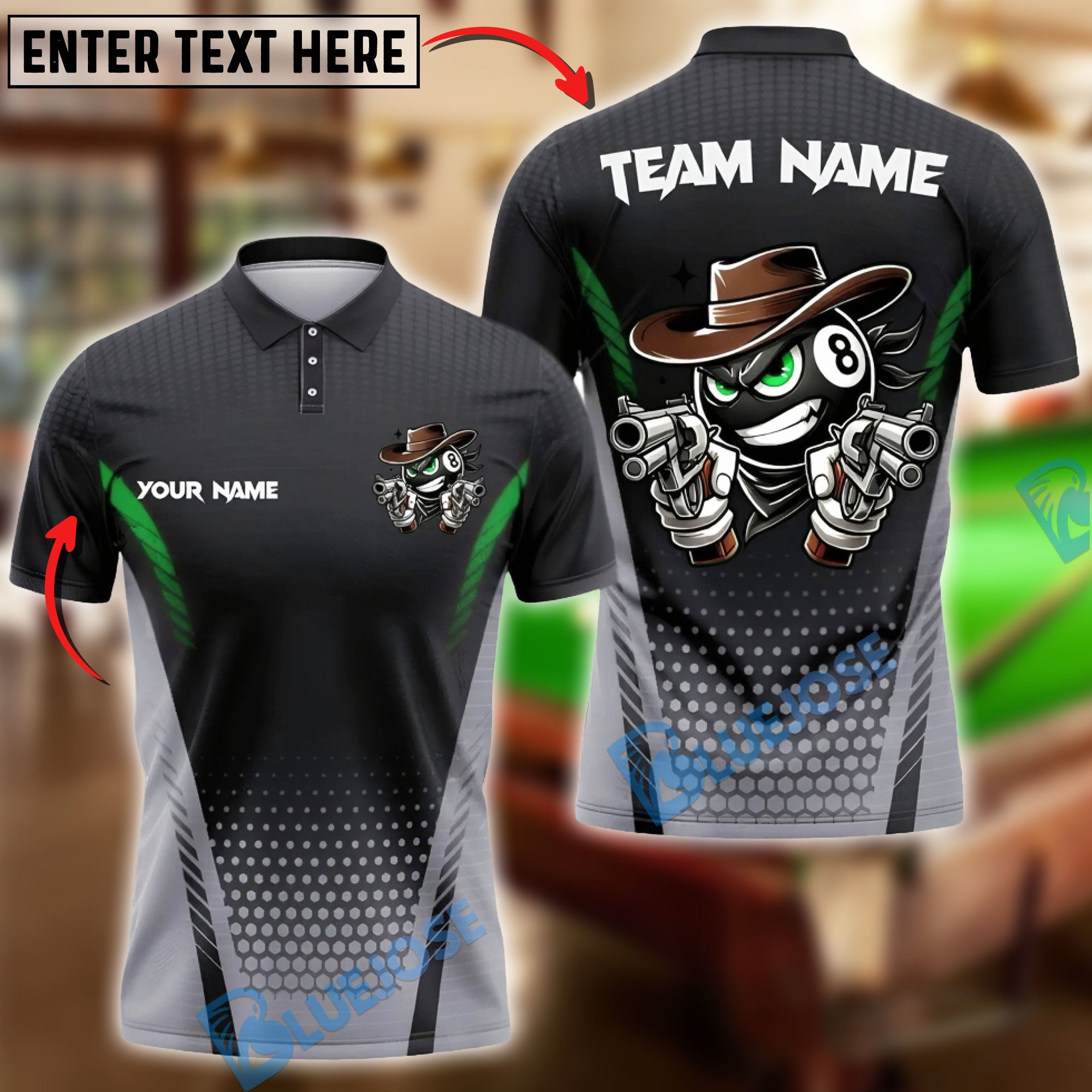 BlueJose Billiards Ball 8 Funny Cowboy Gunslinger Character Customized Name, Team Name 3D Shirt (6 Colors)
