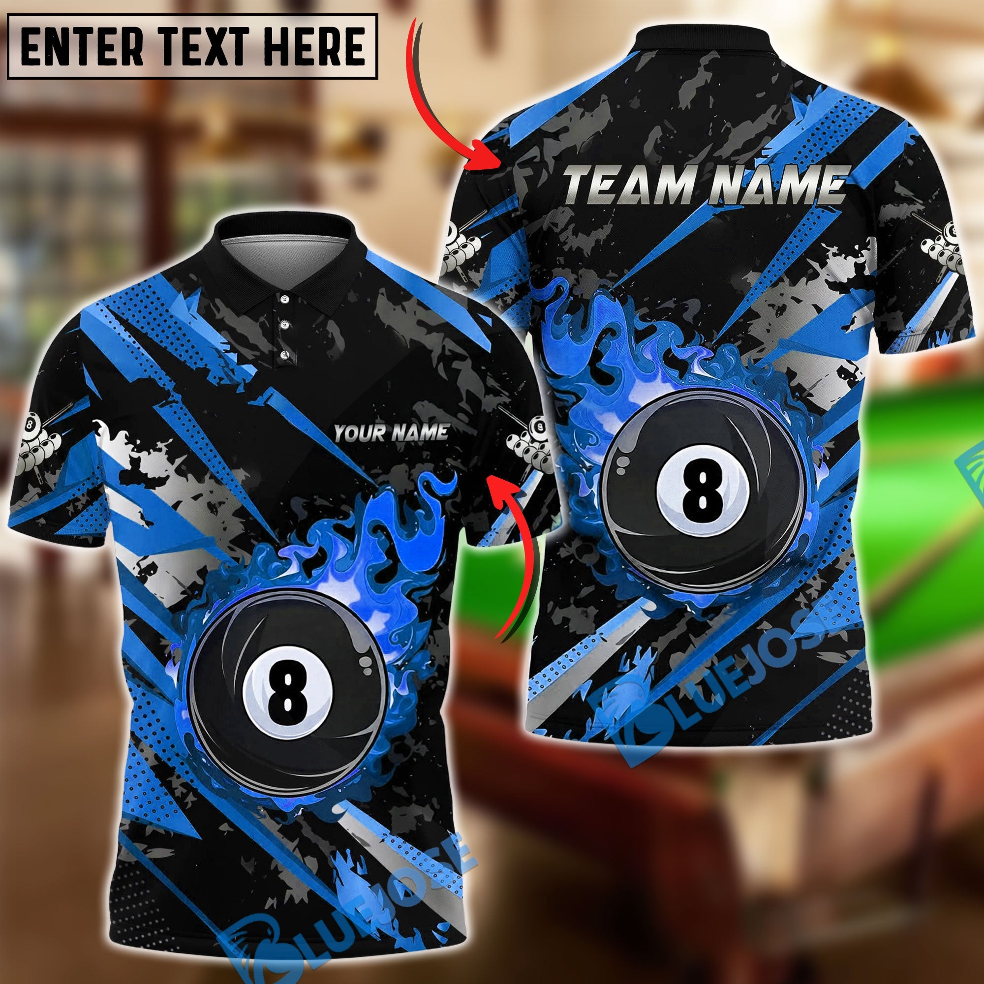 BlueJose Flaming 8 Ball Billiards Gold Black Grunge Personalized Name Shirt (6 Colors)