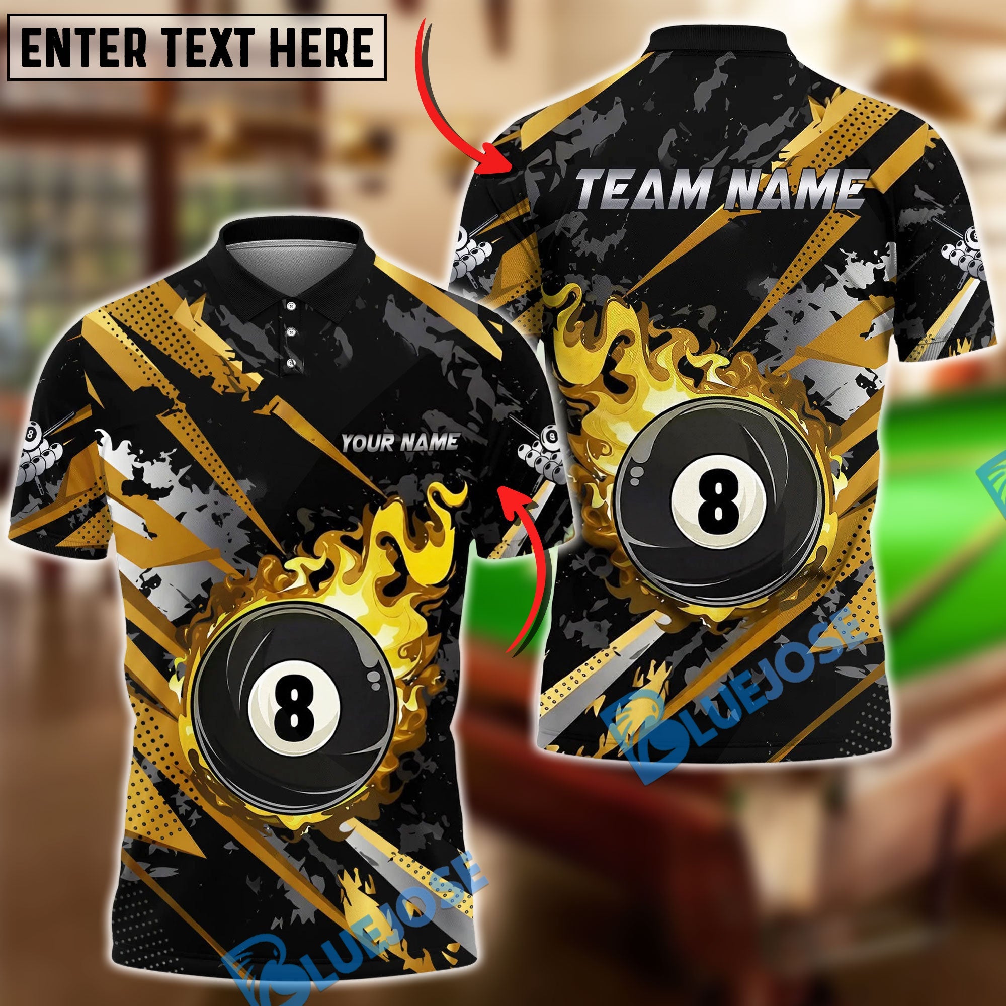 BlueJose Flaming 8 Ball Billiards Gold Black Grunge Personalized Name Shirt (6 Colors)