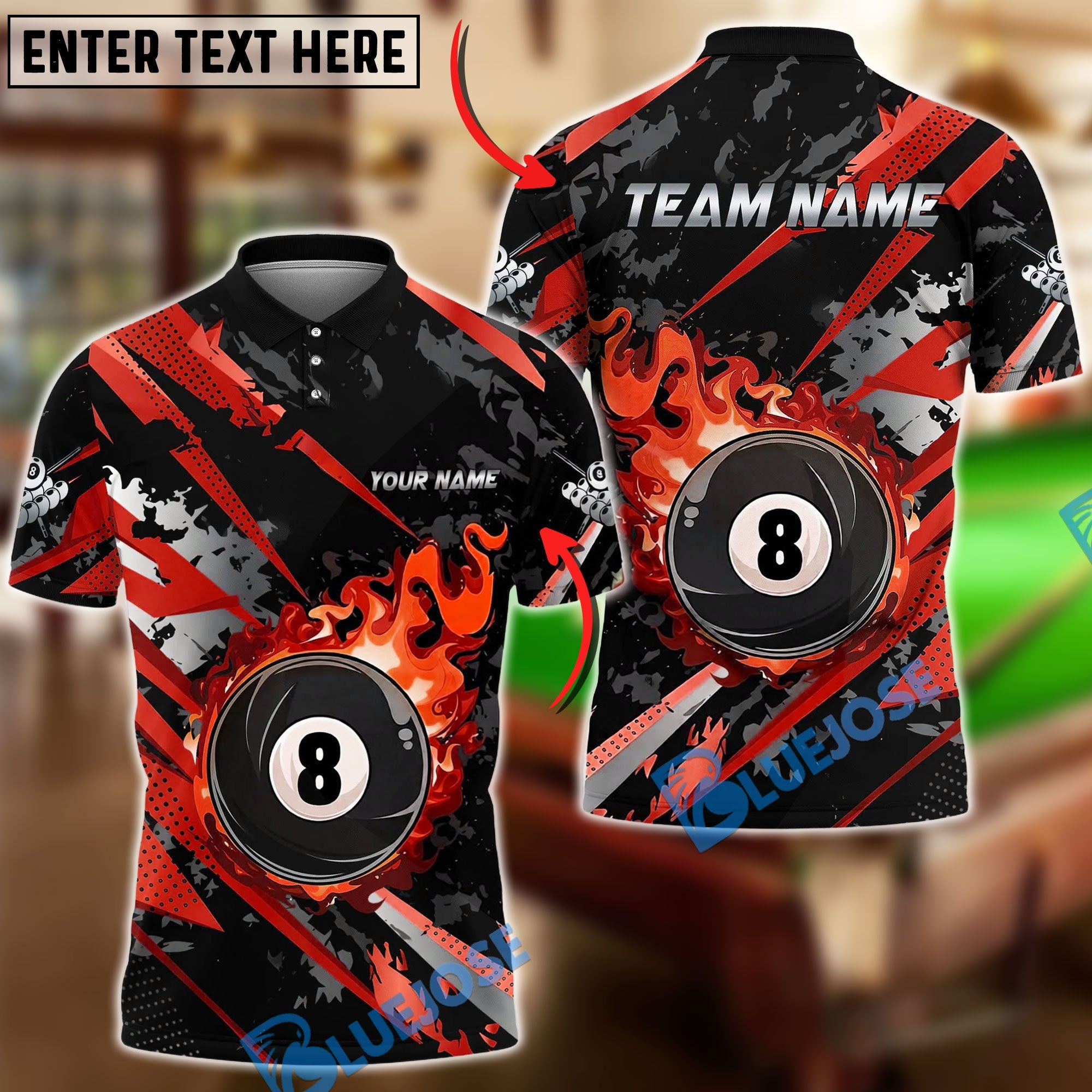BlueJose Flaming 8 Ball Billiards Gold Black Grunge Personalized Name Shirt (6 Colors)