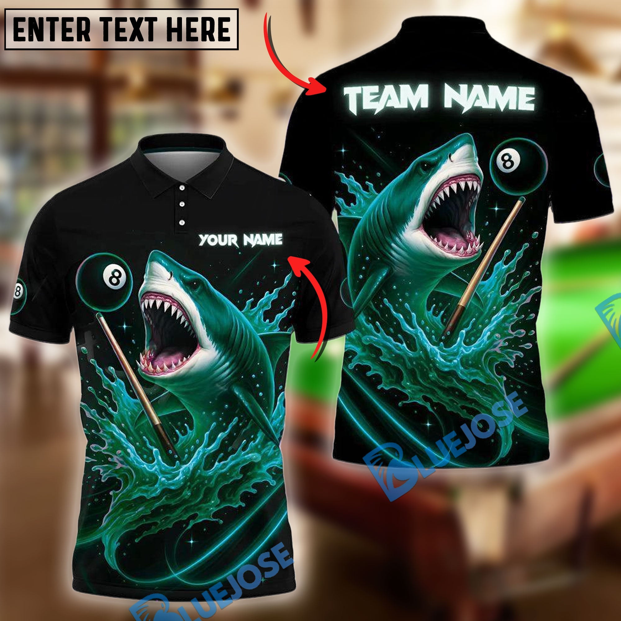 BlueJose Billiards Ball 8 Pool Shark Splash Power Personalized Name & Team Name Shirt (4 Colors)