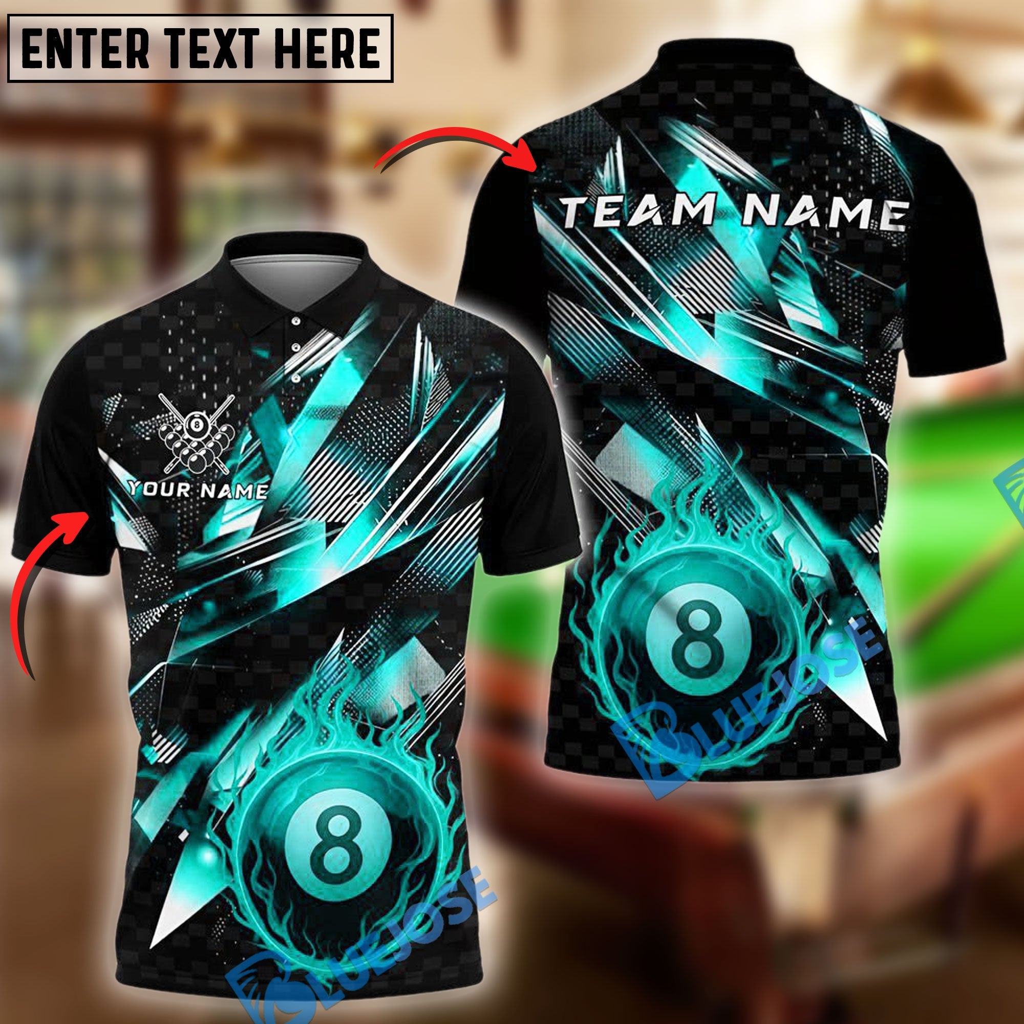 BlueJose Billiards 8 Ball Crack Glass Lightning Fire Personalized Name Shirt (4 Colors)