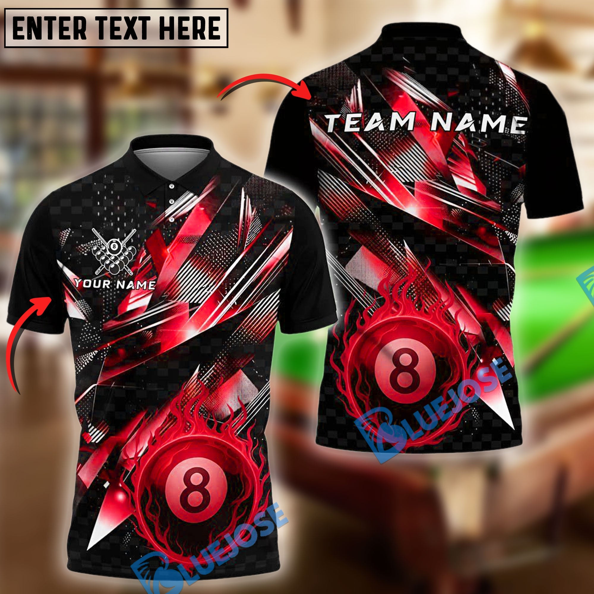 BlueJose Billiards 8 Ball Crack Glass Lightning Fire Personalized Name Shirt (4 Colors)