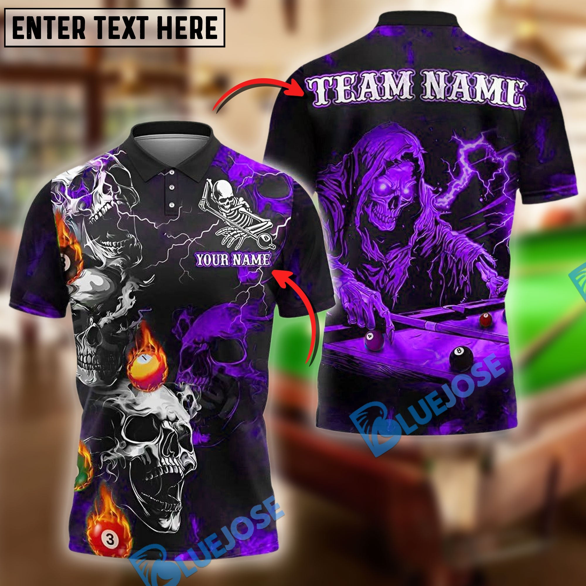 BlueJose Billiards Grim Reaper Skull Storm Personalized Name Shirt (4 Colors)