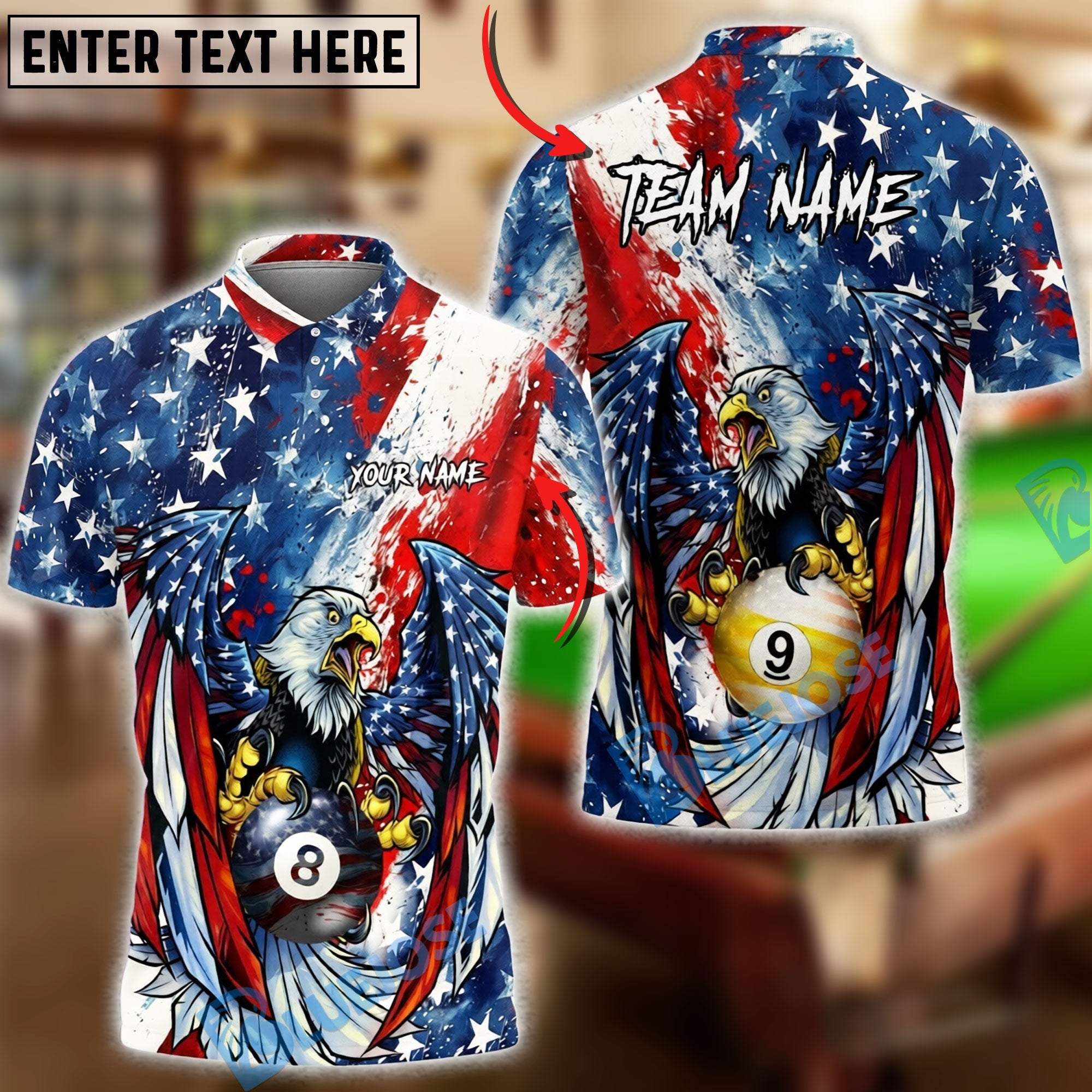 BlueJoses Billiards 8 Ball & 9 Ball Eagle American Flag Patriot Paint Art  Customized Name, Team Name 3D Shirt