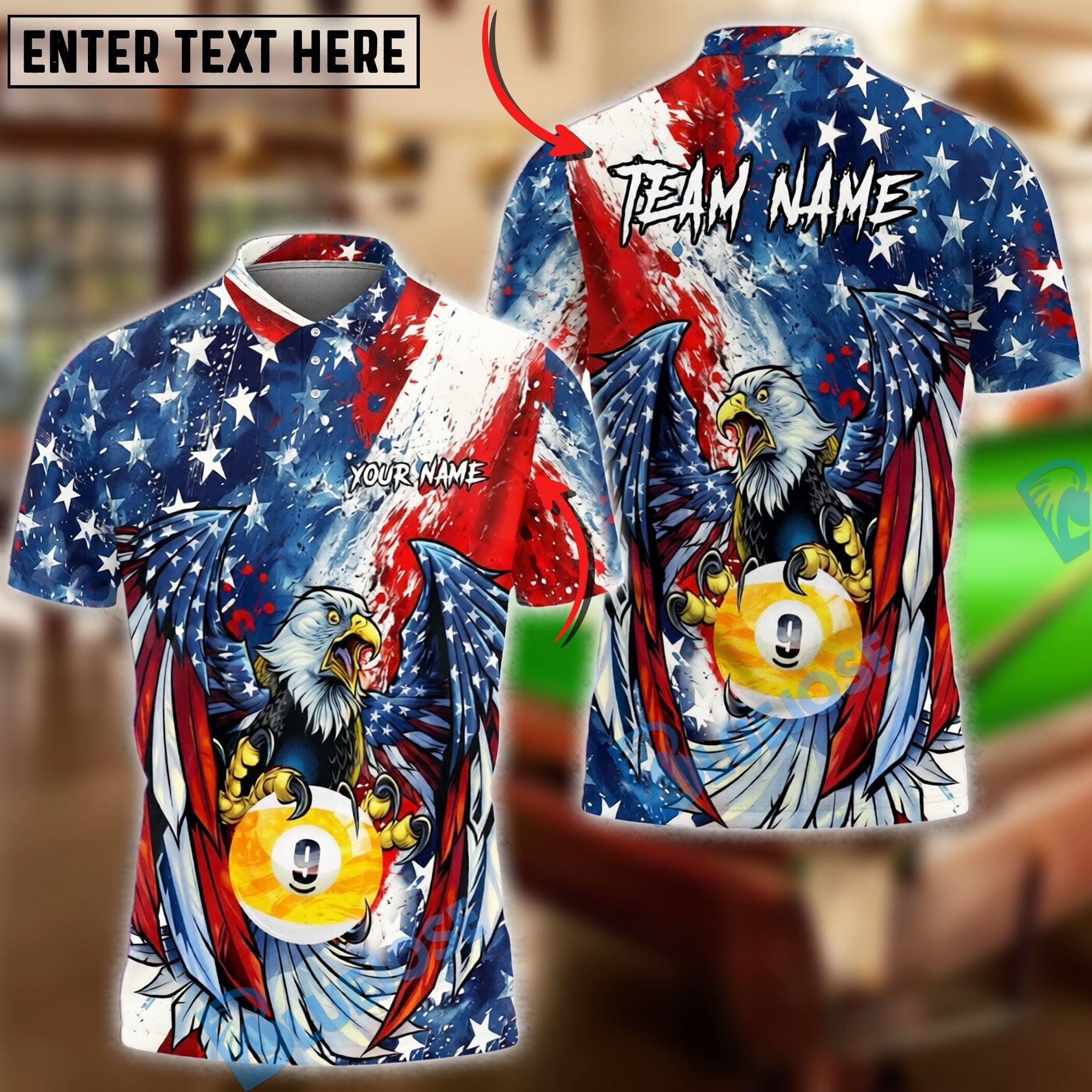 BlueJose Billiards 8 Ball & 9 Ball Eagle American Flag Patriot Paint Art Personalized Shirt (2 Colors)