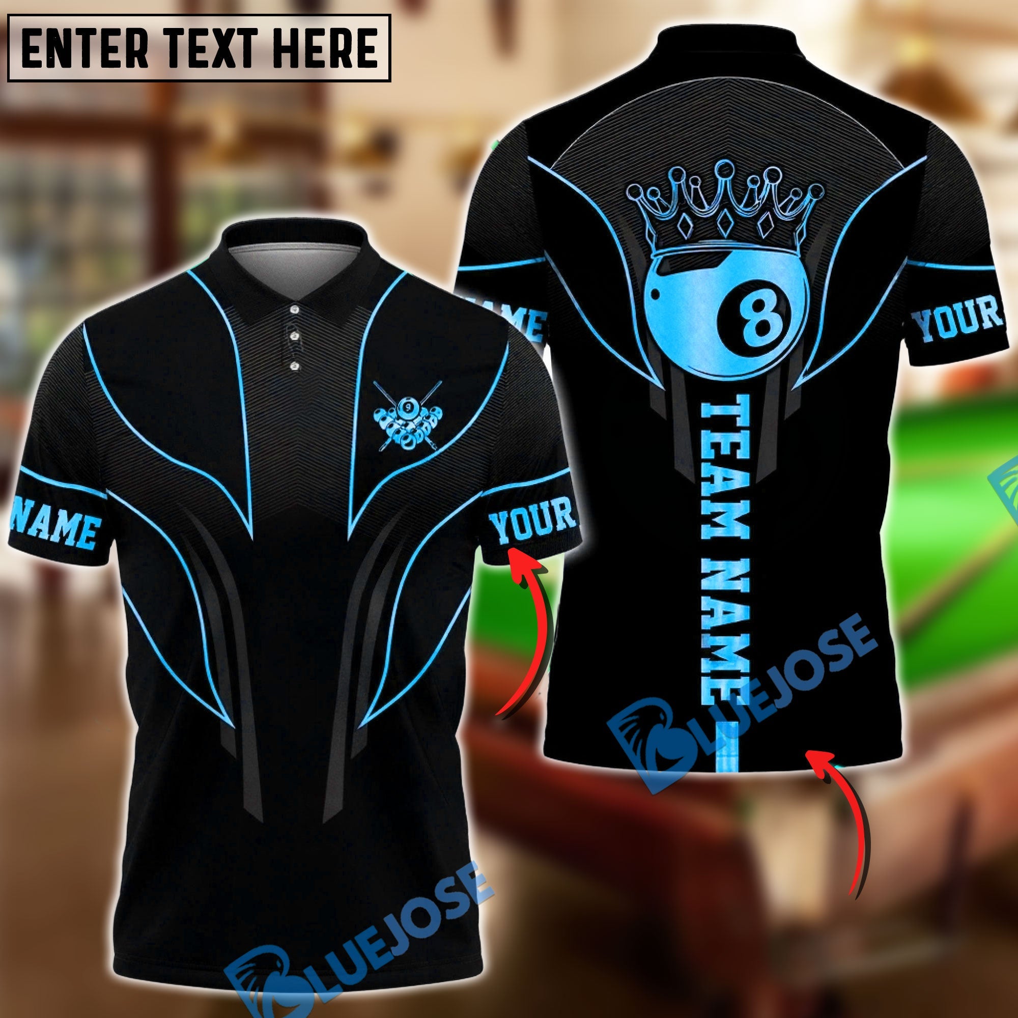 BlueJose Billiards Royal 8 Ball Elite Customized Name, Team Name 3D Shirt (6 Colors)
