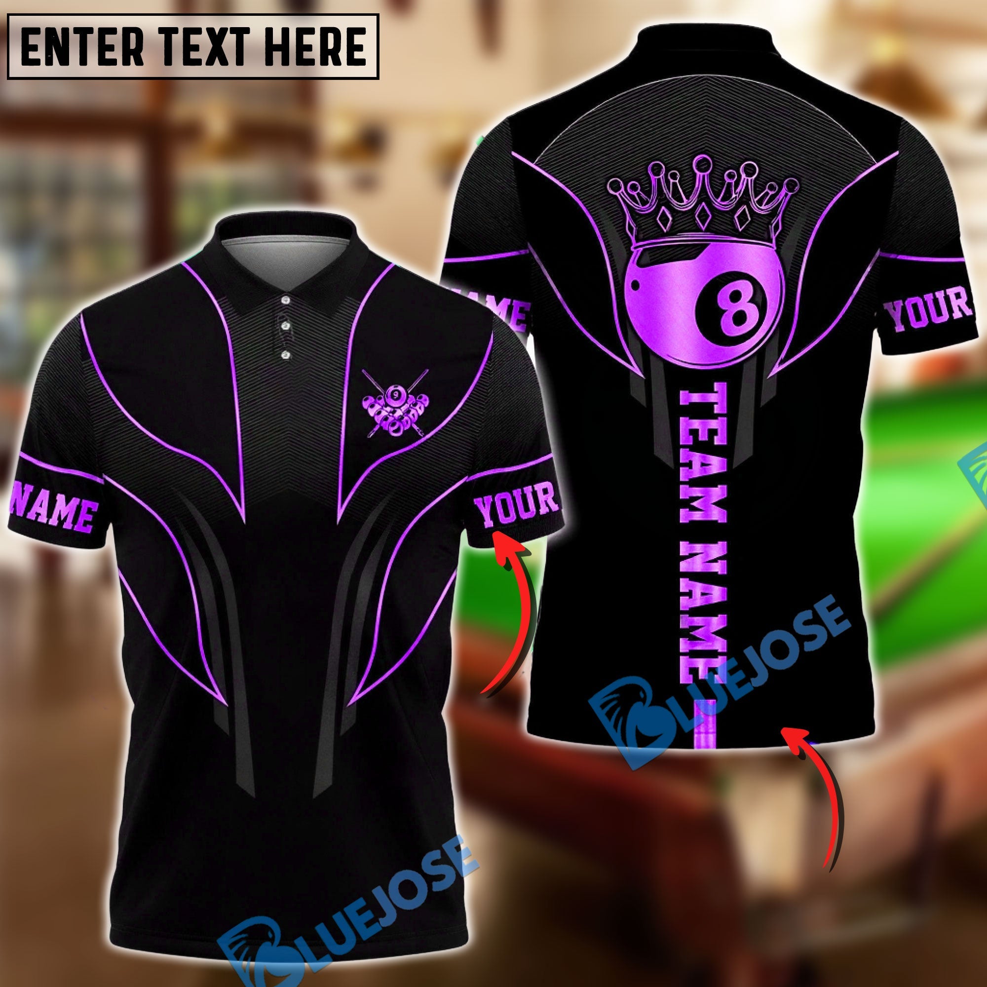 BlueJose Billiards Royal 8 Ball Elite Customized Name, Team Name 3D Shirt (6 Colors)