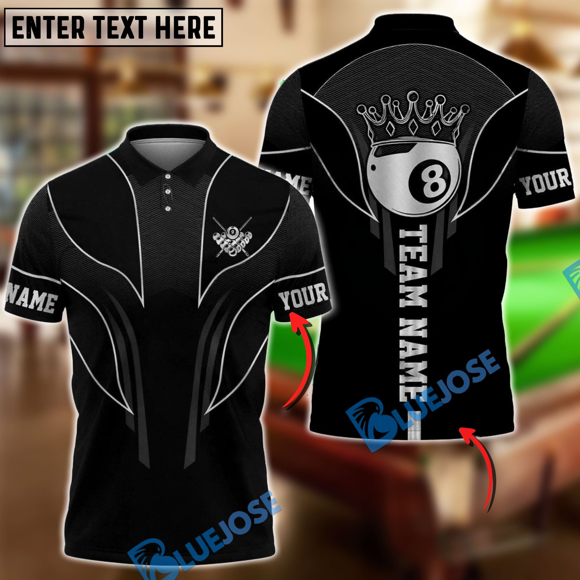 BlueJose Billiards Royal 8 Ball Elite Customized Name, Team Name 3D Shirt (6 Colors)