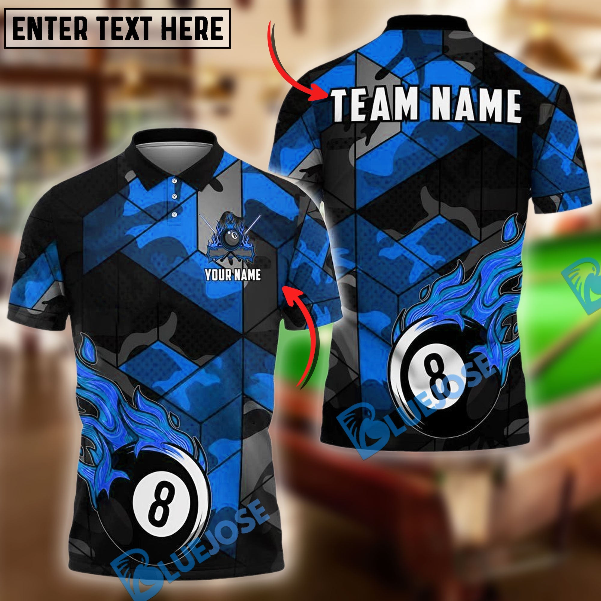 BlueJose Billiards Ball 8 Flaming Camo Personalized Name & Team Name Shirt (4 Colors)
