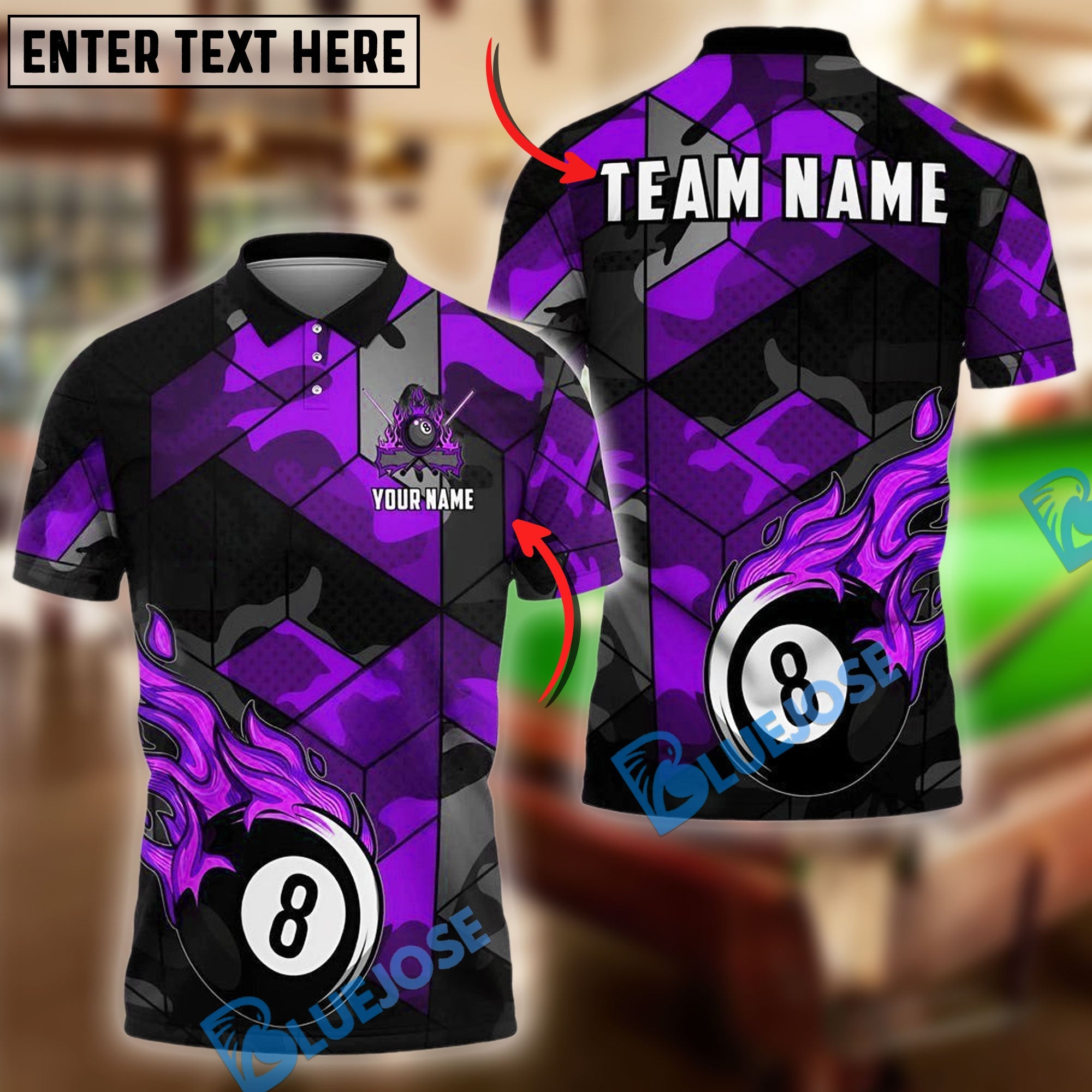 BlueJose Billiards Ball 8 Flaming Camo Personalized Name & Team Name Shirt (4 Colors)