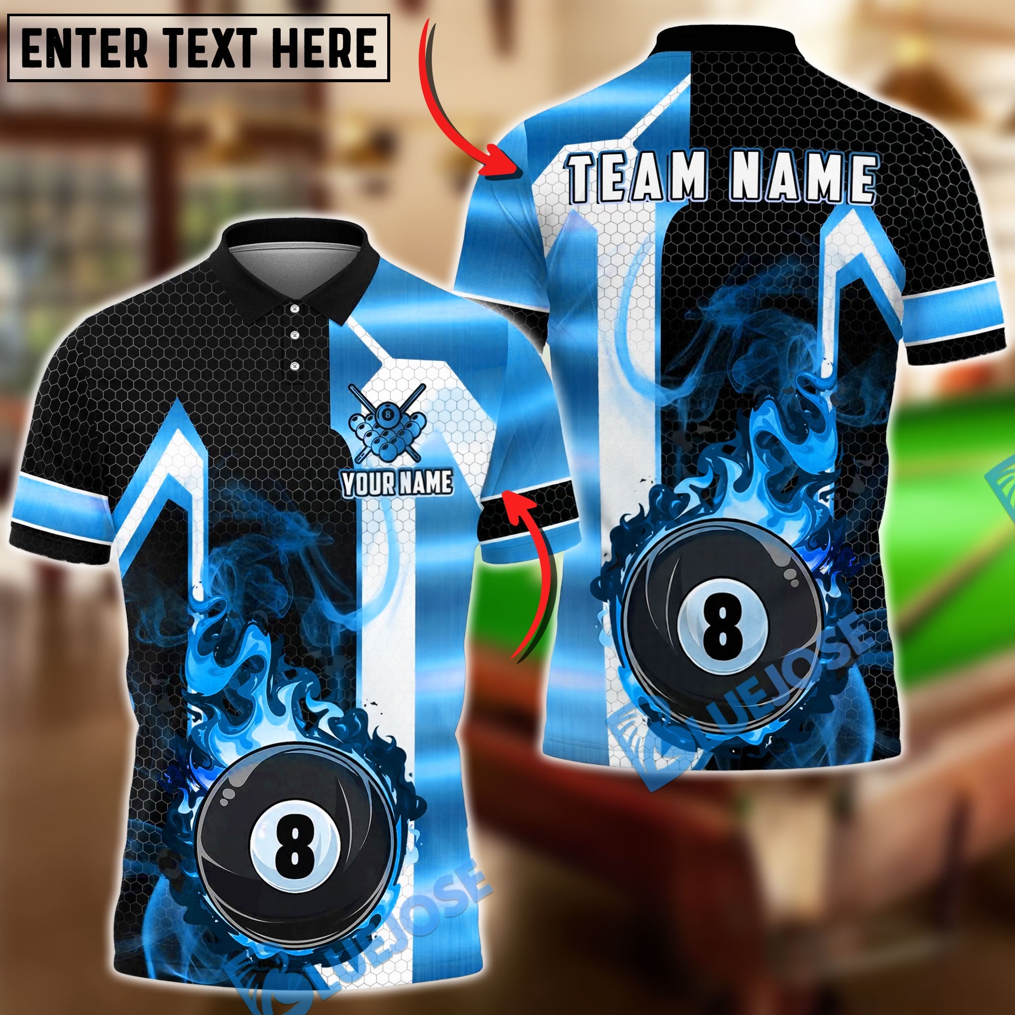 BlueJose Billiards Luxury 8 Ball Gold Stripe Honeycomb Personalized Name Shirt (6 Colors)