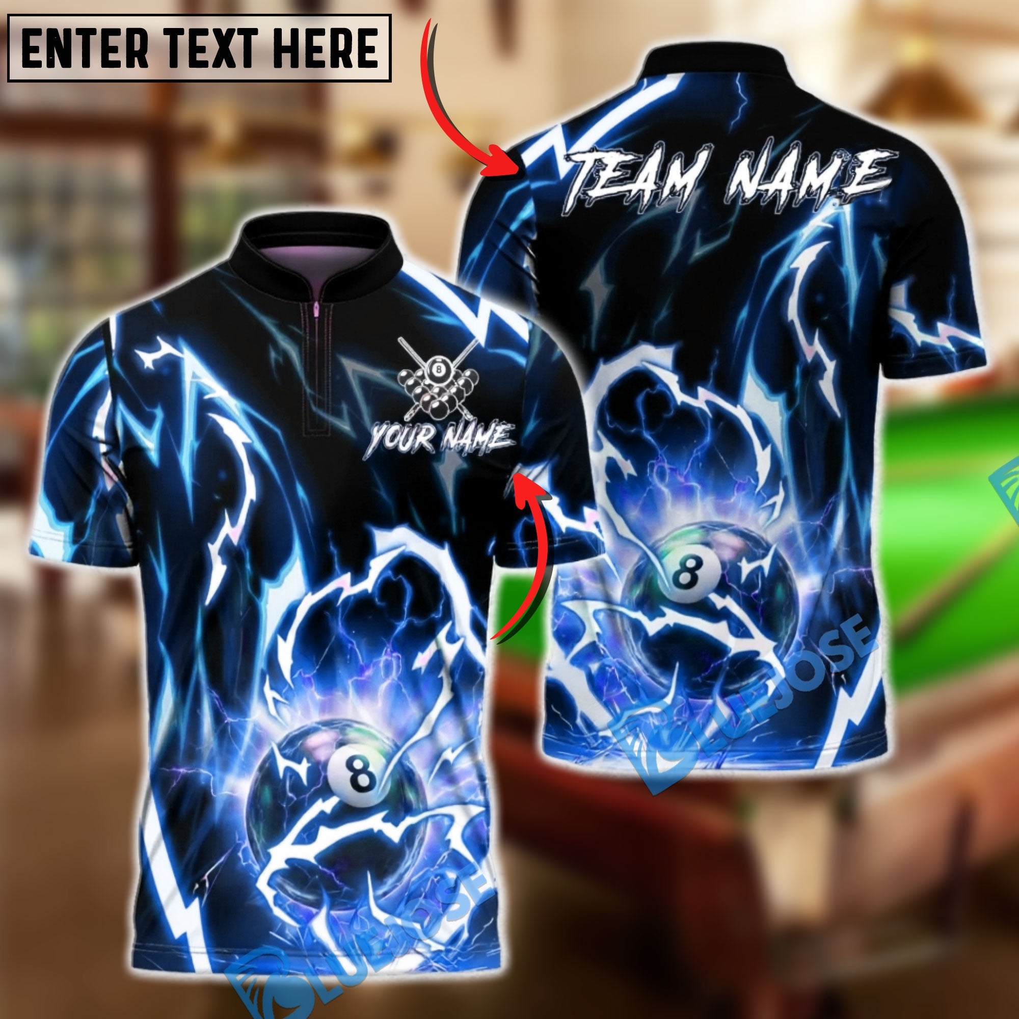 BlueJose Billiards 8 Ball Lightning Shirt Electric Pool Ball Design Personalized Name Shirt (4 Colors)
