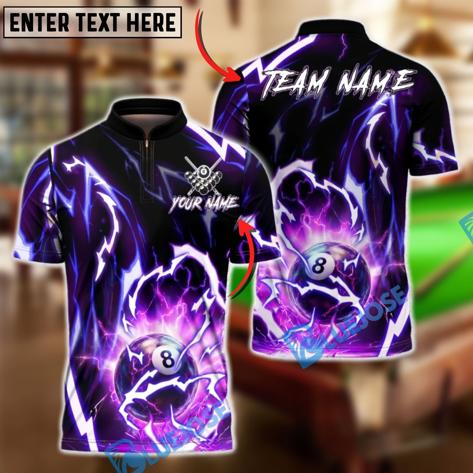 BlueJose Billiards 8 Ball Lightning Shirt Electric Pool Ball Design Personalized Name Shirt (4 Colors)