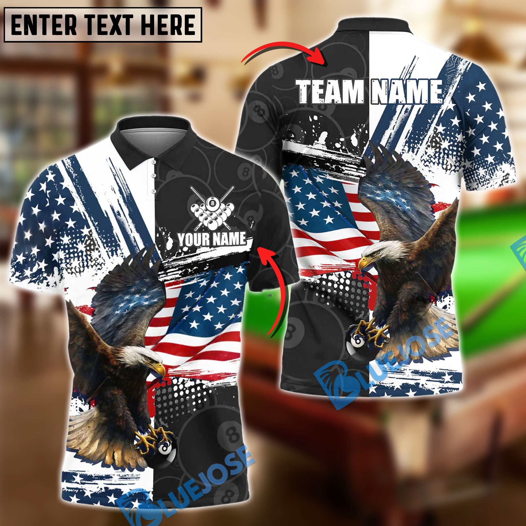 BlueJose Billiards 8-Ball Eagle American Flag Firework Pattern Personalized Name Shirt (4 Colors)