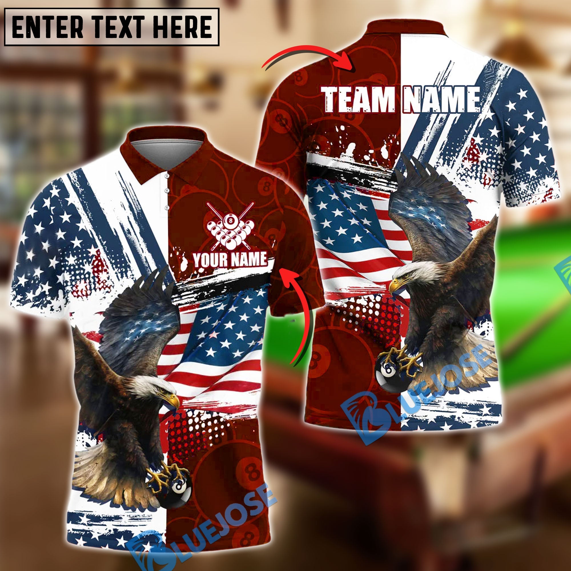 BlueJose Billiards 8-Ball Eagle American Flag Firework Pattern Personalized Name Shirt (4 Colors)