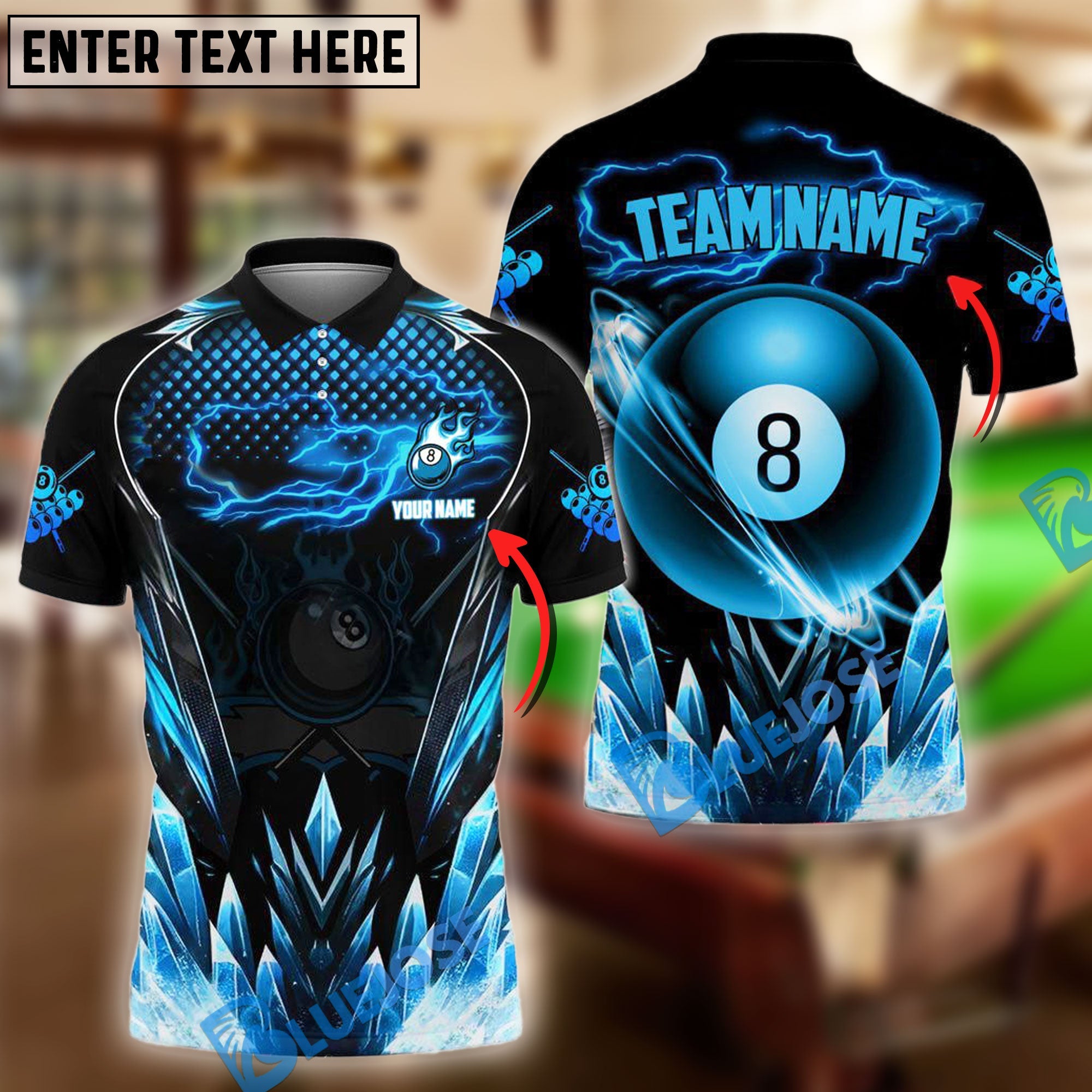 BlueJose Billiards 8 Ball Premium Icy Pattern Personalized Name, Team Name Unisex Shirt (4 Colors)