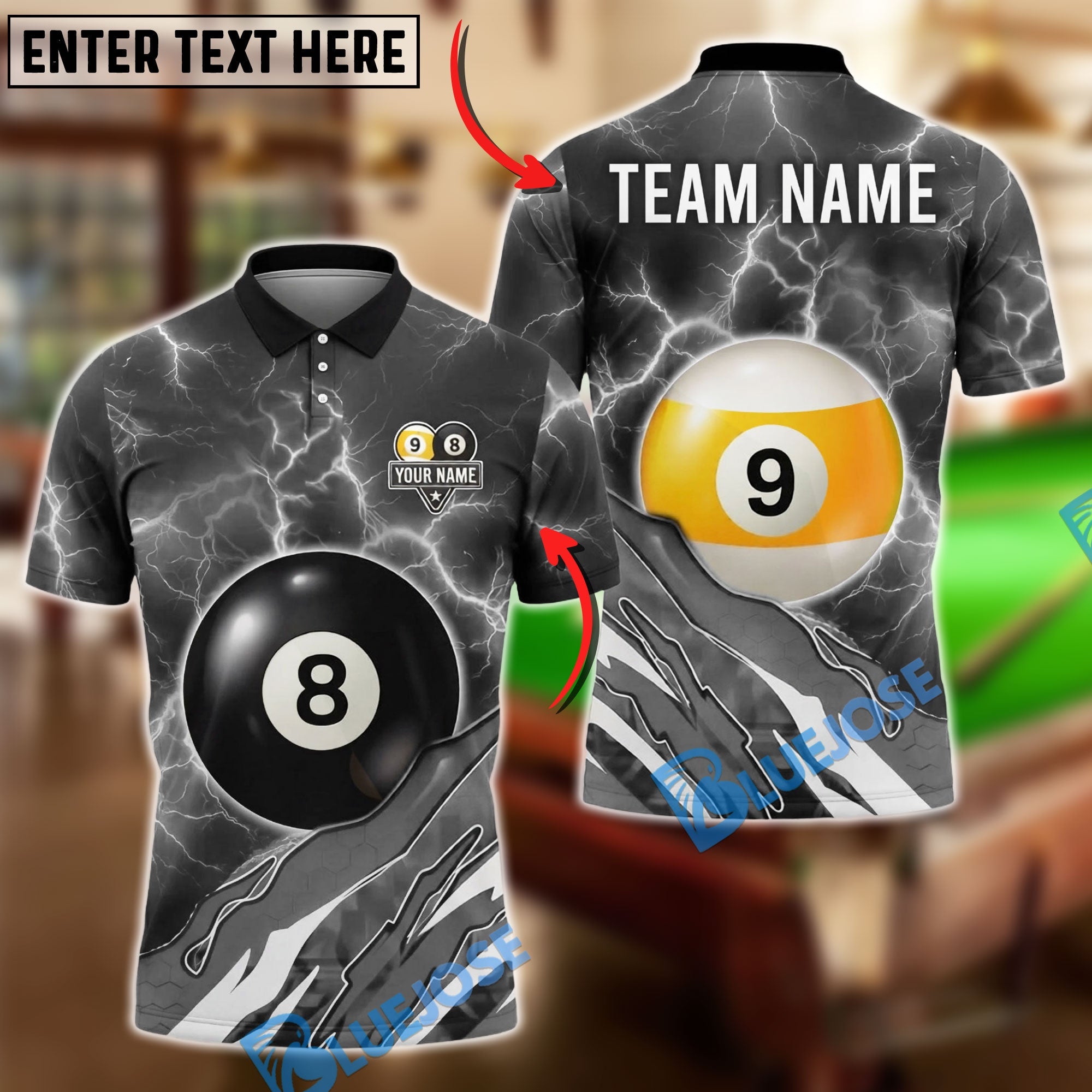 BlueJose Billiards Ball 8&9 Lightning Pool Electric Storm Graphic Customized Name, Team Name 3D Shirt (6 Colors)