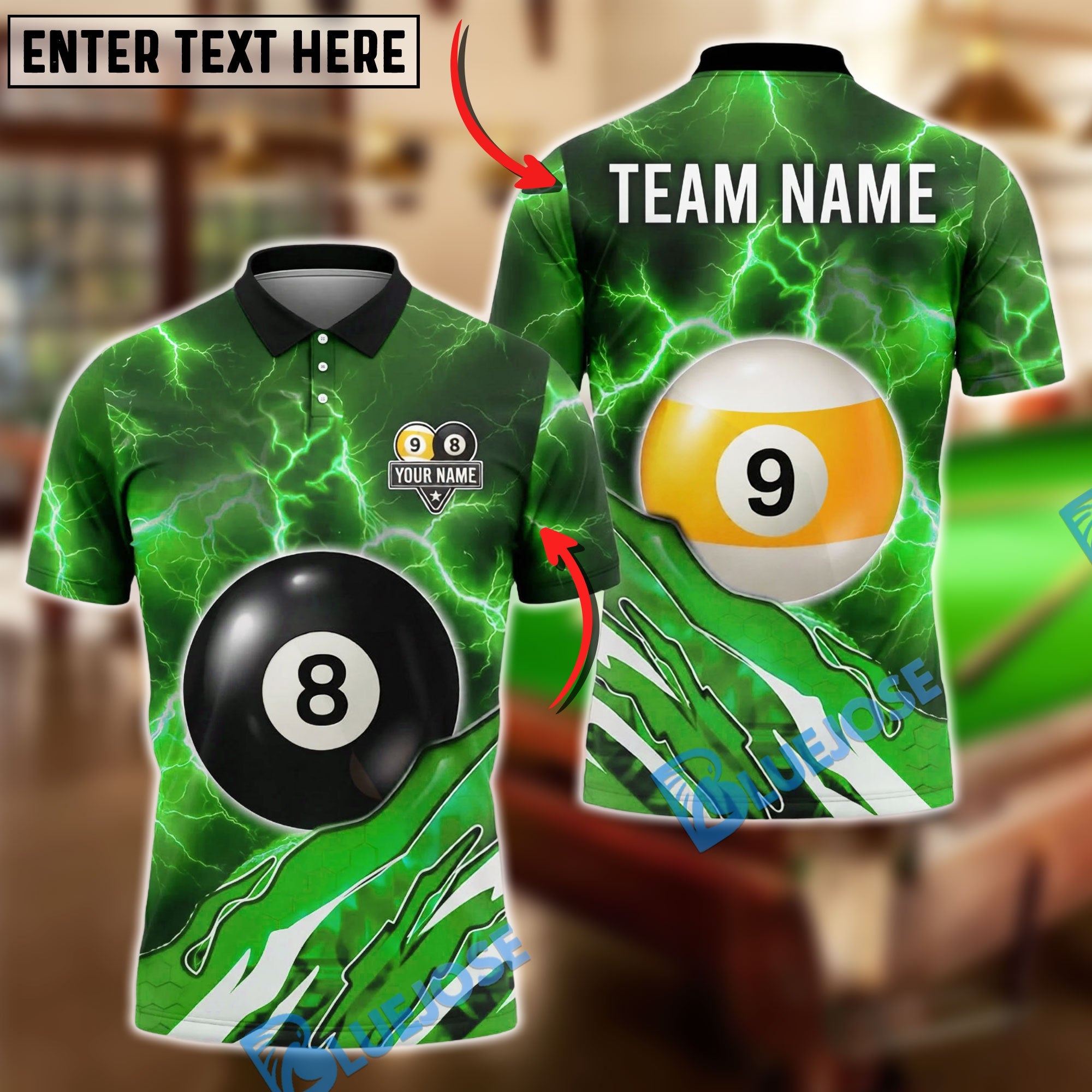 BlueJose Billiards Ball 8&9 Lightning Pool Electric Storm Graphic Customized Name, Team Name 3D Shirt (6 Colors)