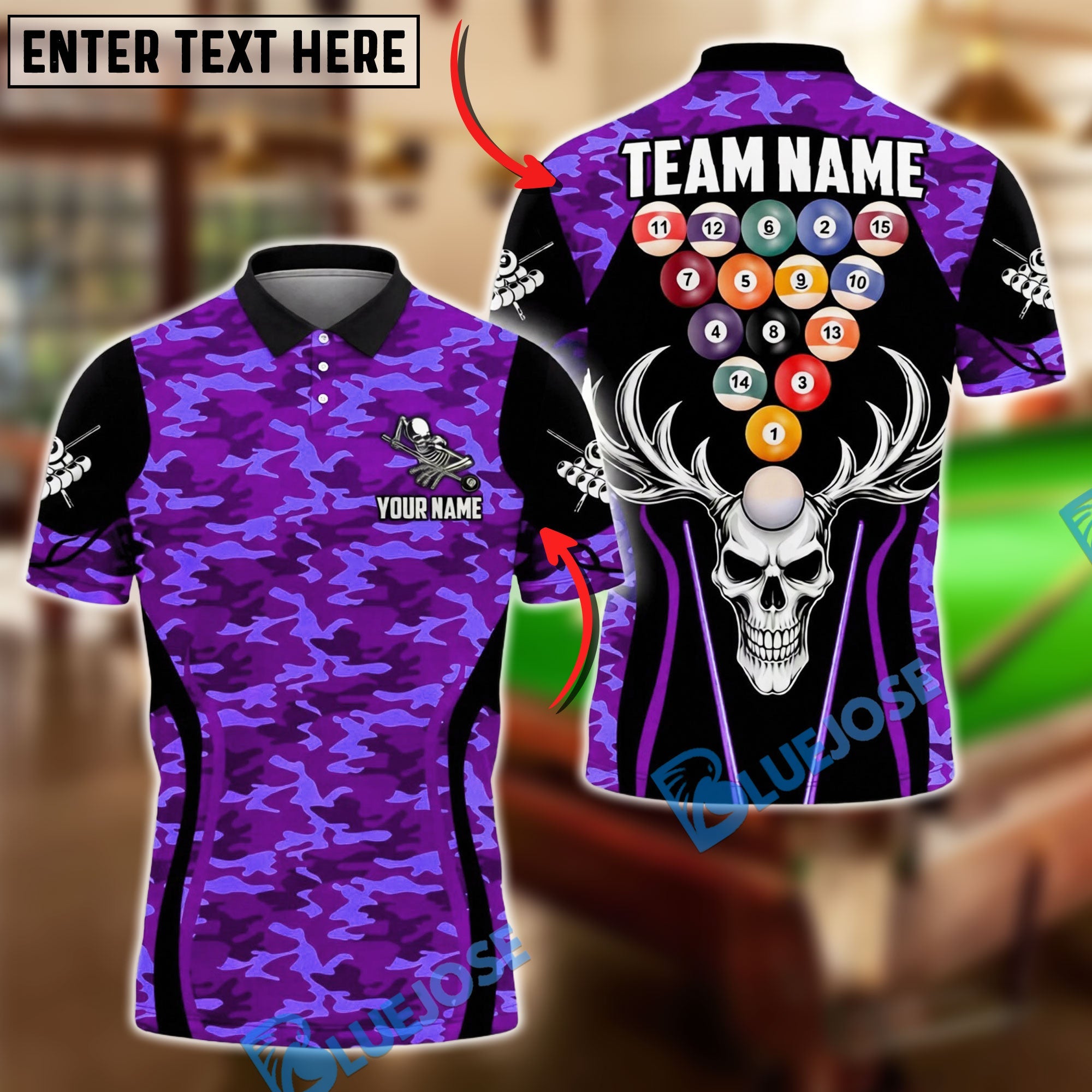 BlueJose Billiards Ball 8 Camo Skull Rack Balls Dark Gothic Graphic Customized Name, Team Name 3D Shirt (6 Colors)