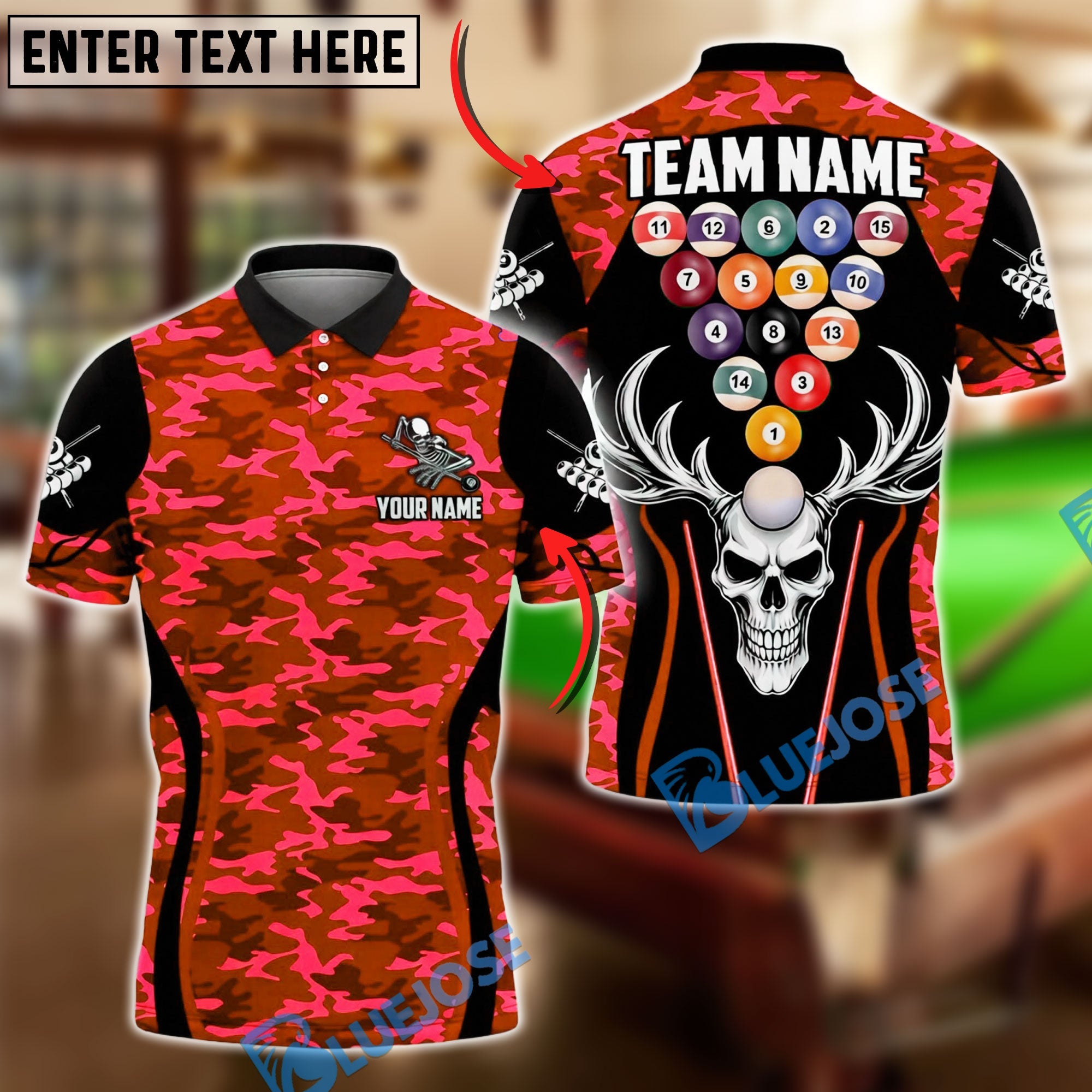 BlueJose Billiards Ball 8 Camo Skull Rack Balls Dark Gothic Graphic Customized Name, Team Name 3D Shirt (6 Colors)