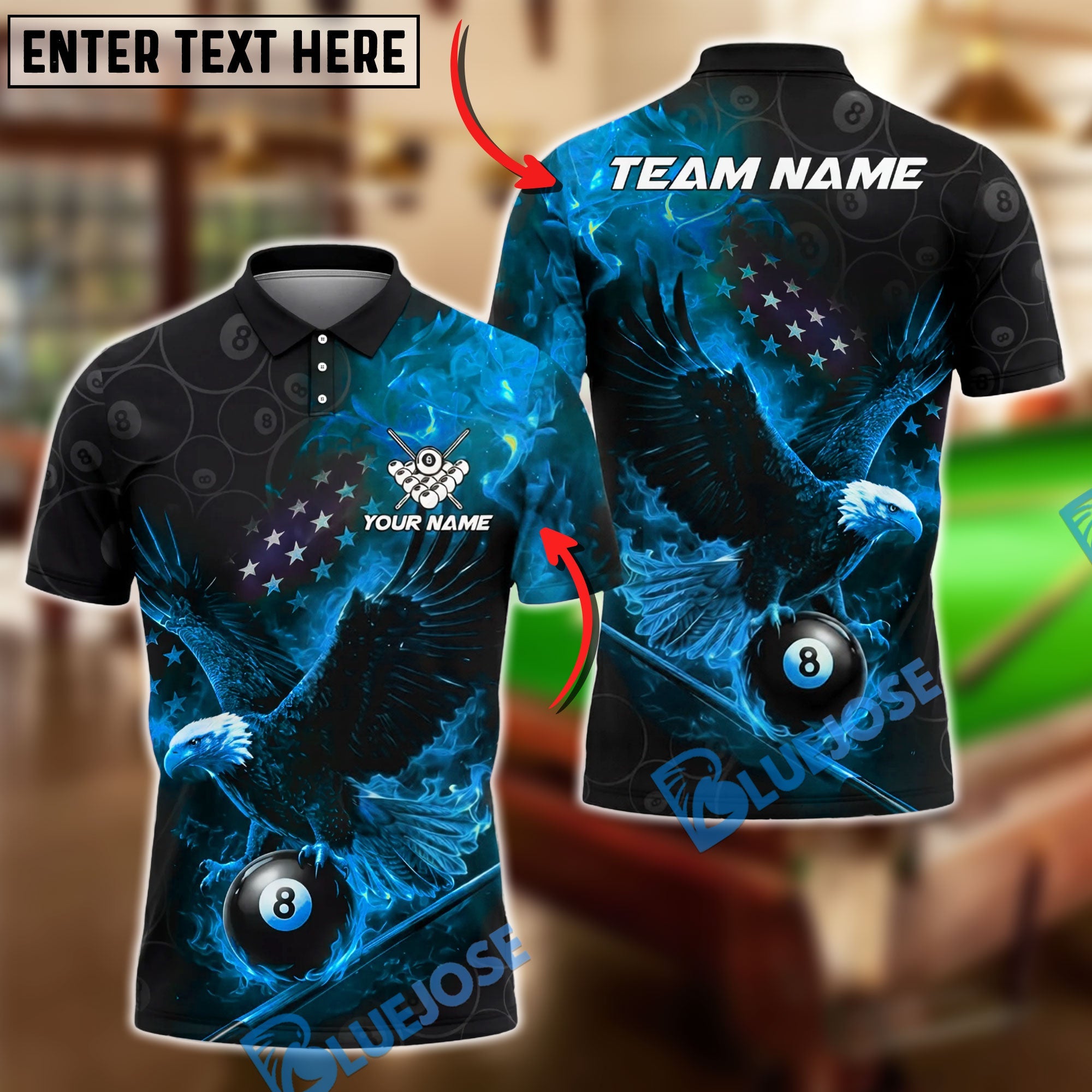 BlueJose Billiards 8 Ball Flaming Eagle American Flag Fire Pool Graphic Personalized Name Shirt (4 Colors)