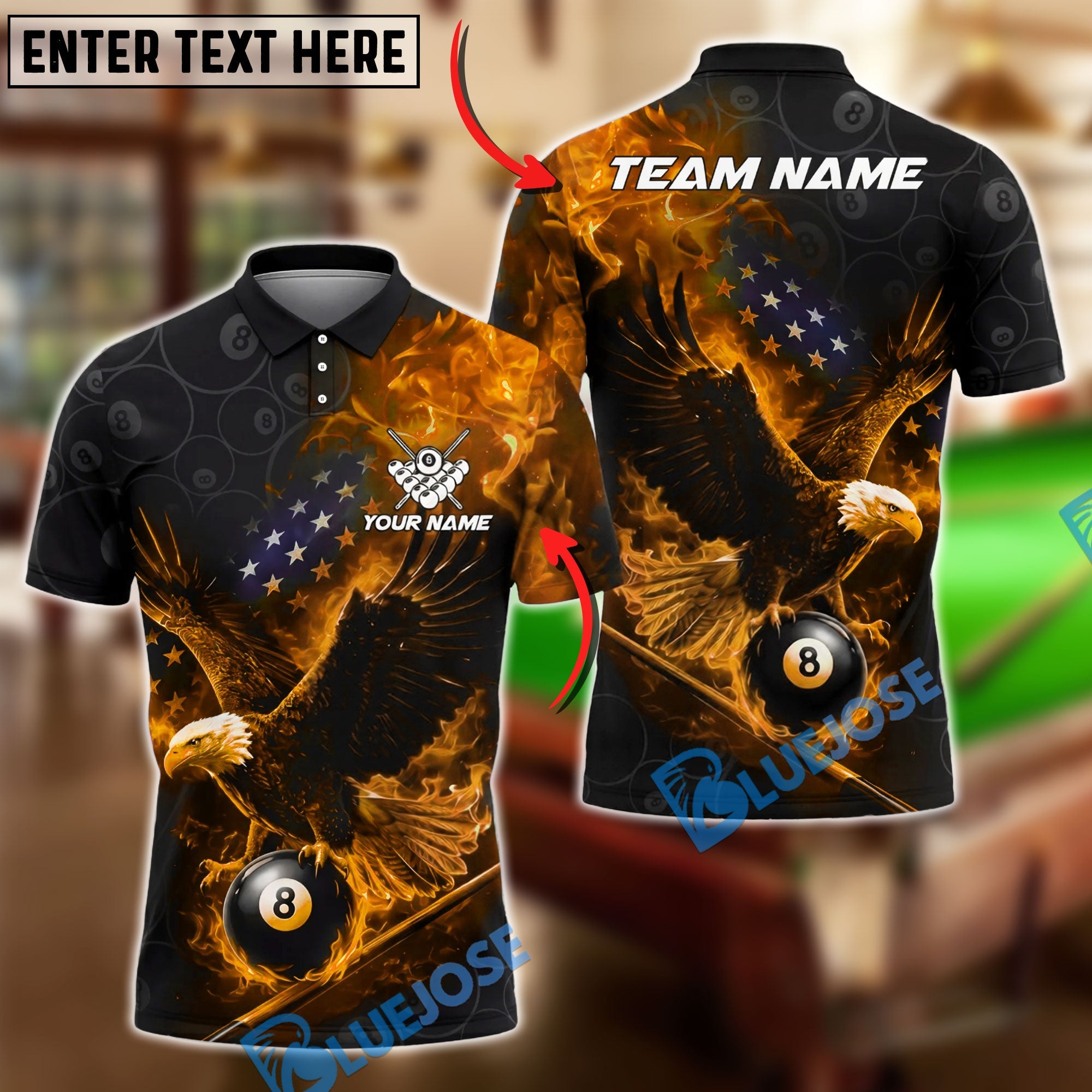 BlueJose Billiards 8 Ball Flaming Eagle American Flag Fire Pool Graphic Personalized Name Shirt (4 Colors)