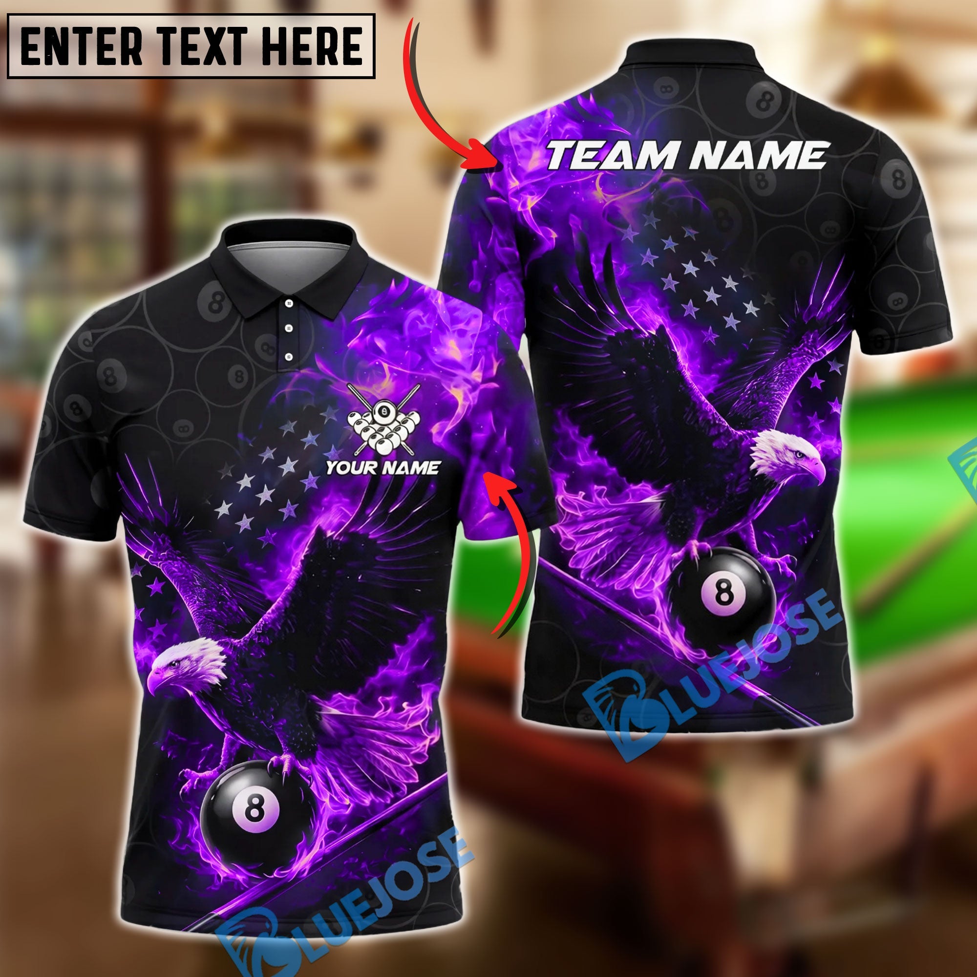 BlueJose Billiards 8 Ball Flaming Eagle American Flag Fire Pool Graphic Personalized Name Shirt (4 Colors)