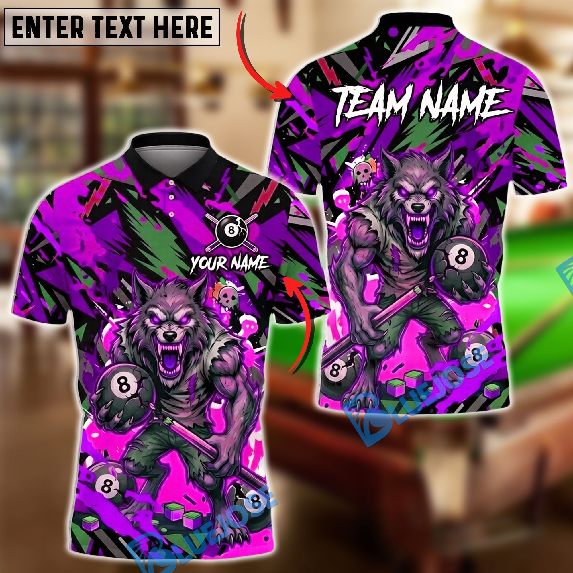 BlueJose Billiards 8 Ball Angry Wolf Cue Stick Chaos Graphic Personalized Name Shirt (4 Colors)