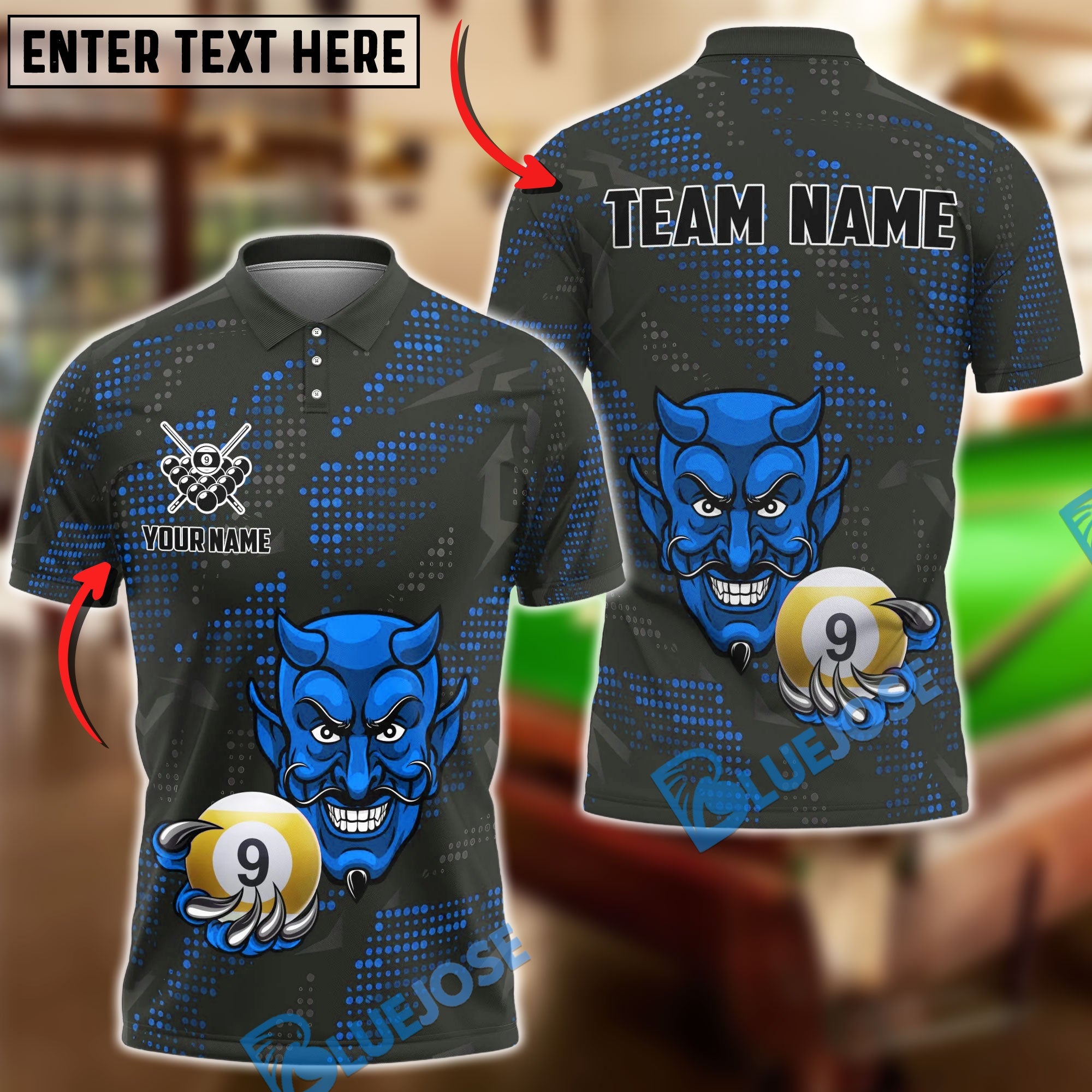 BlueJose Billiards Devil 9-Ball Design Personalized Name Shirt (4 Colors)