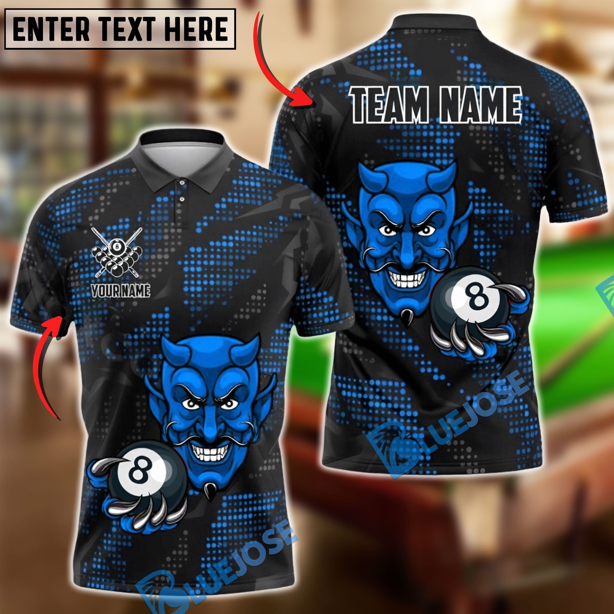 BlueJose Billiards Devil 8-Ball Design Personalized Name Shirt (4 Colors)