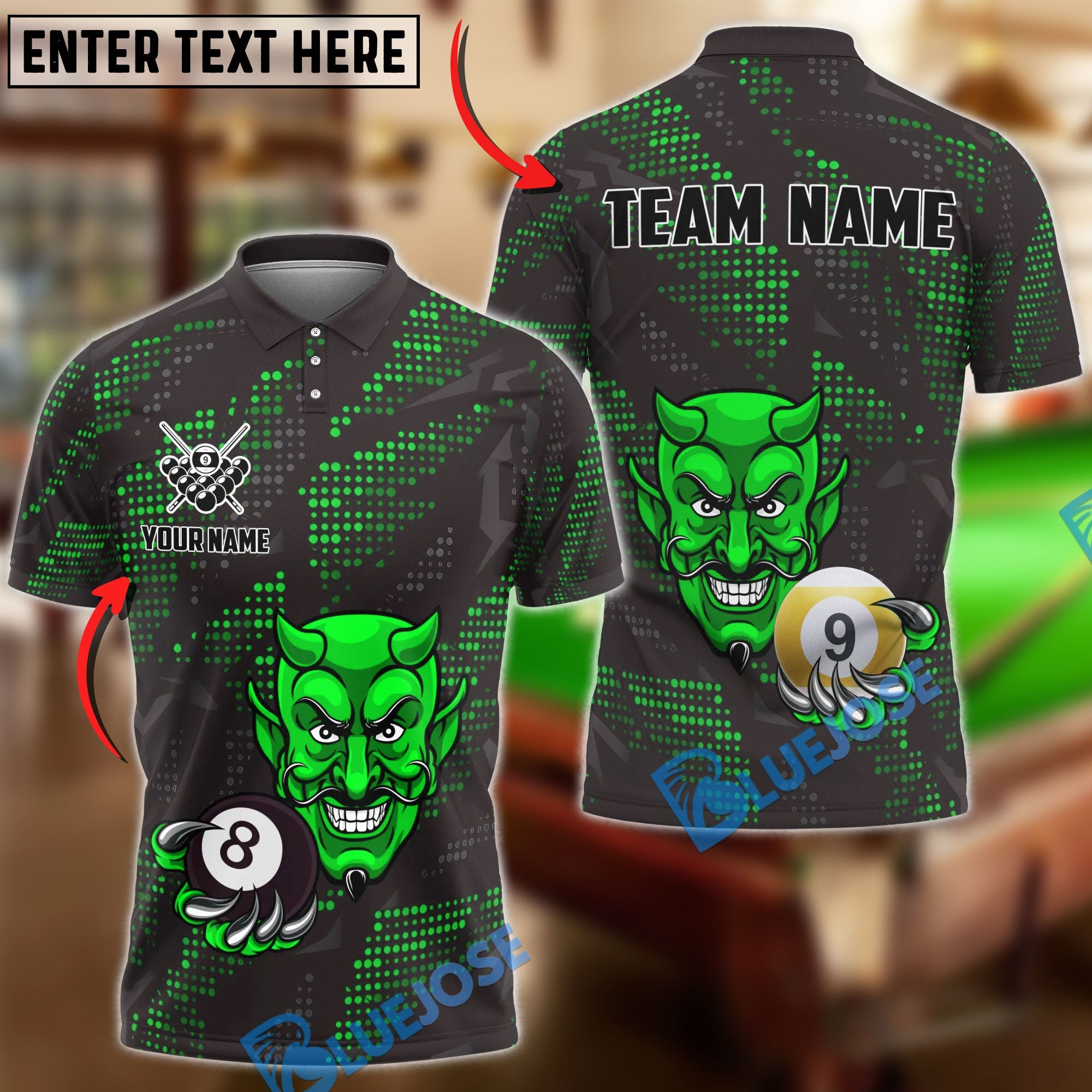BlueJose Billiards Devil 8 & 9-Ball Design Personalized Name Shirt (4 Colors)