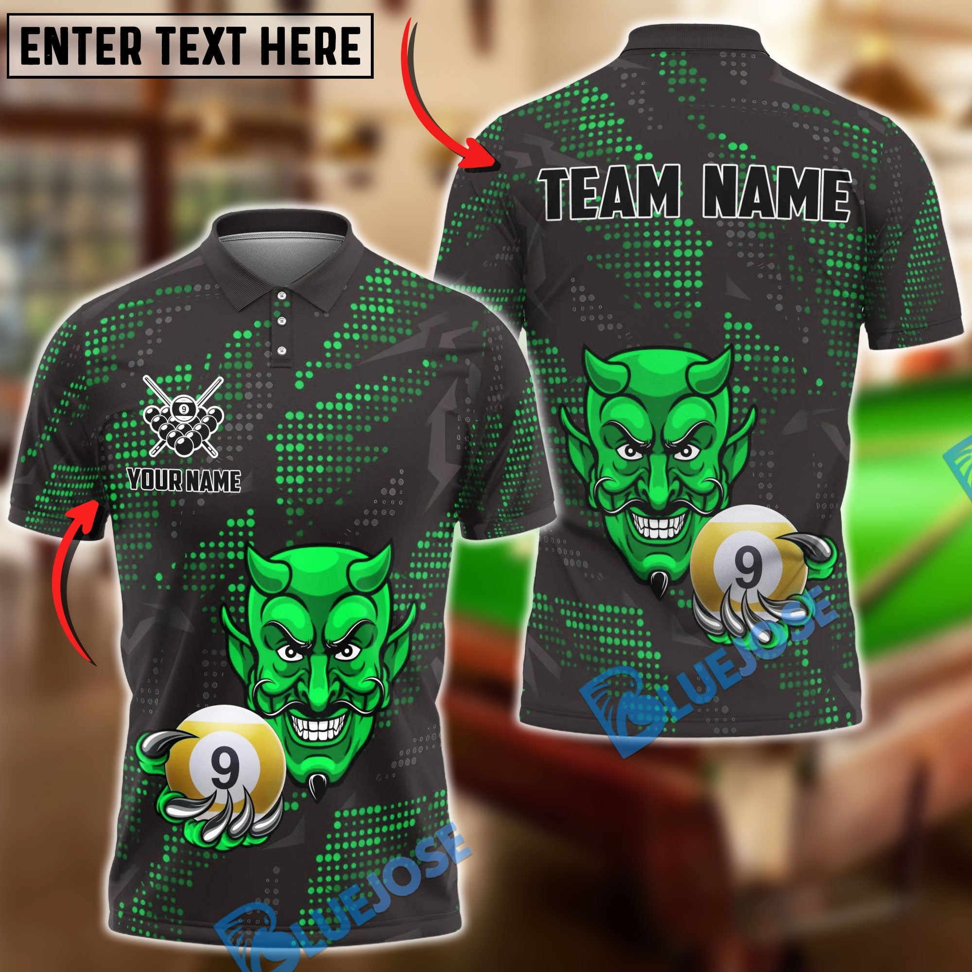 BlueJose Billiards Devil 9-Ball Design Personalized Name Shirt (4 Colors)