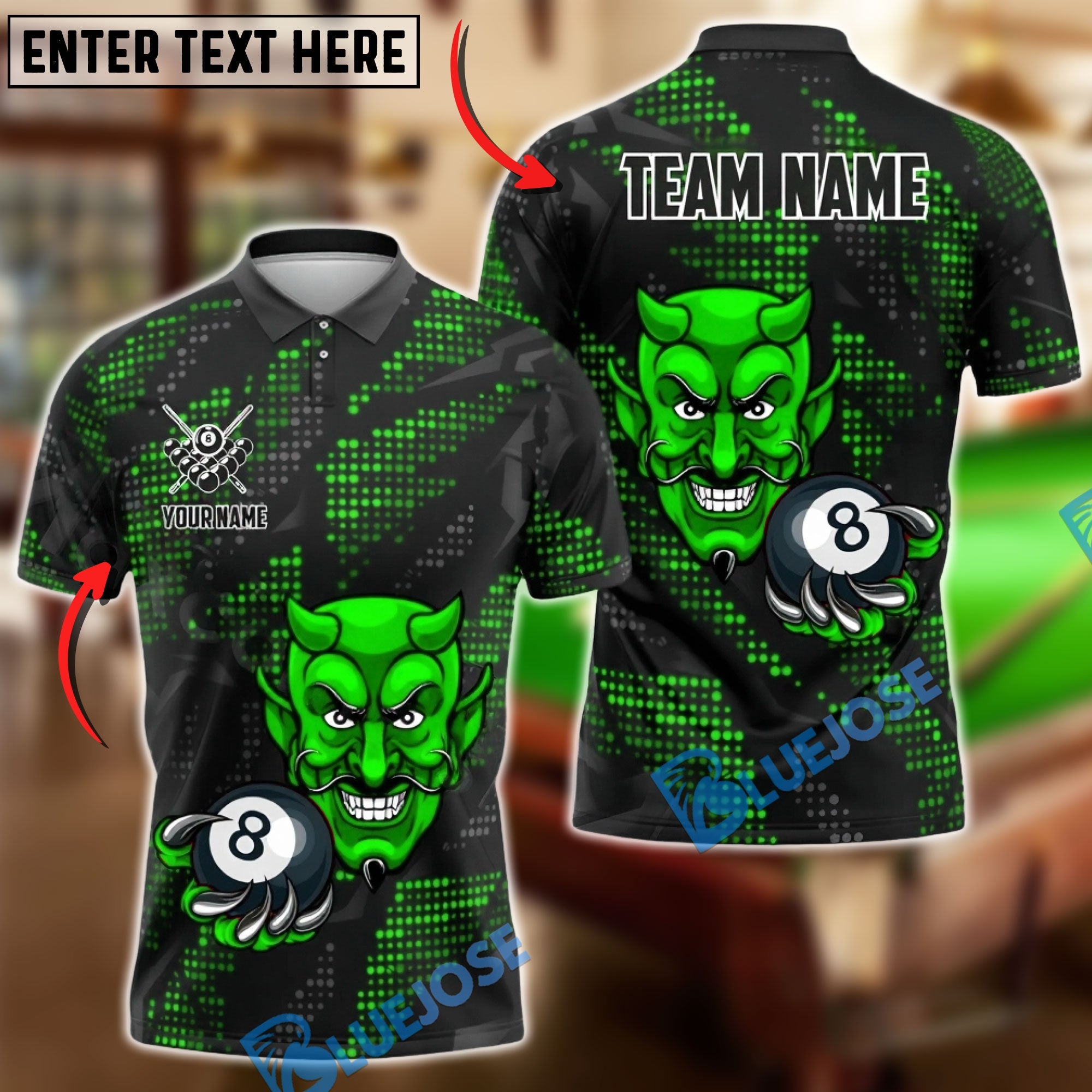 BlueJose Billiards Devil 8-Ball Design Personalized Name Shirt (4 Colors)
