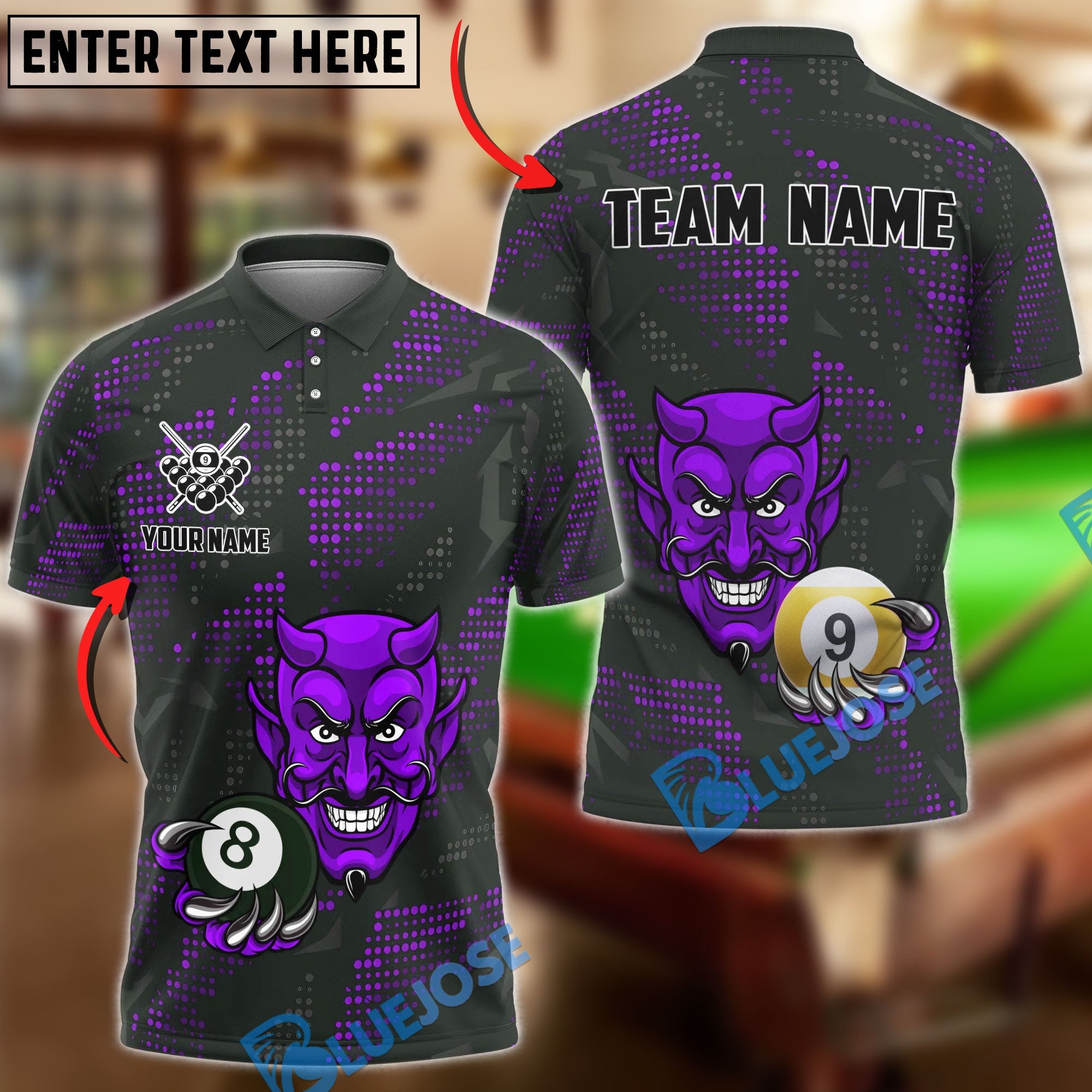 BlueJose Billiards Devil 8 & 9-Ball Design Personalized Name Shirt (4 Colors)