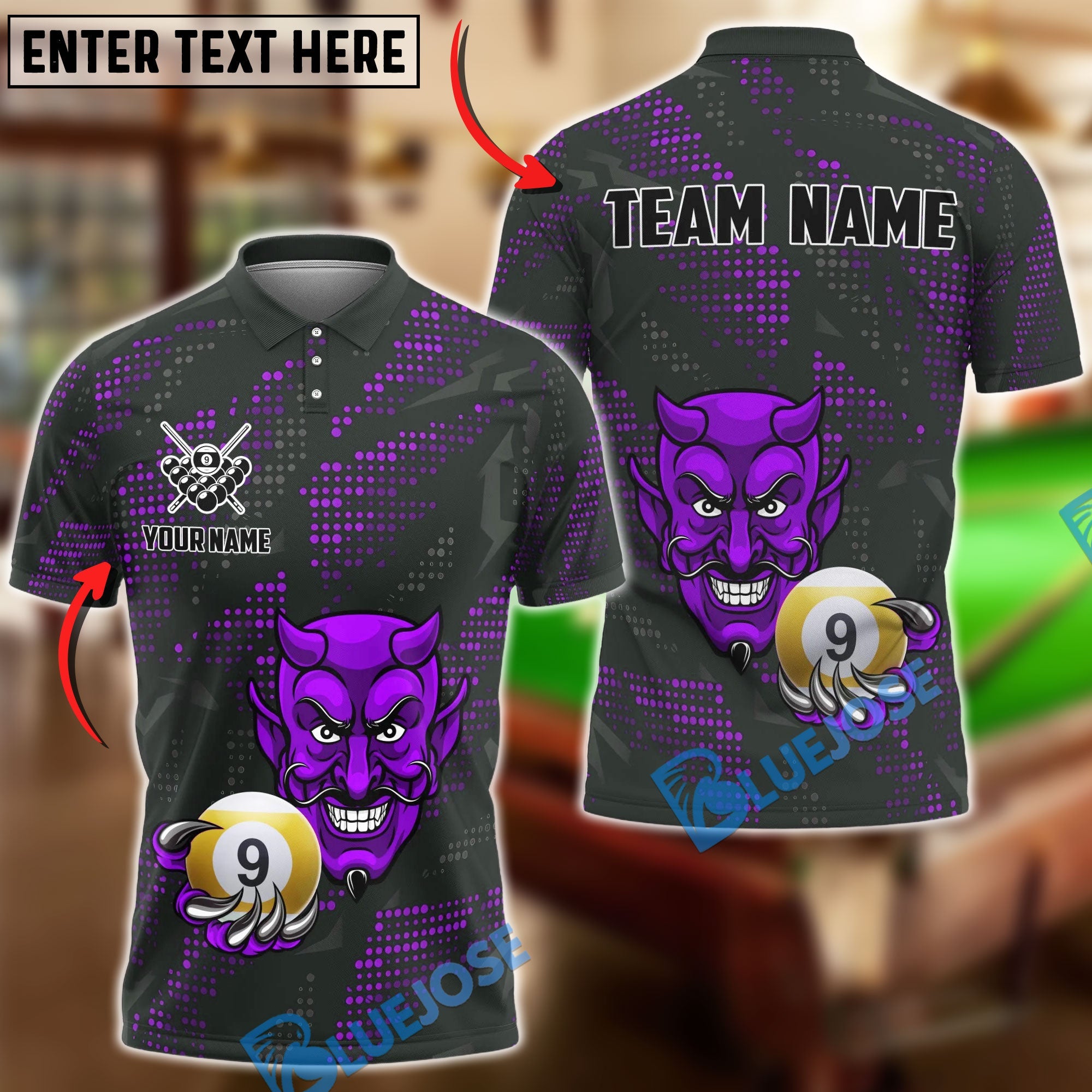 BlueJose Billiards Devil 9-Ball Design Personalized Name Shirt (4 Colors)