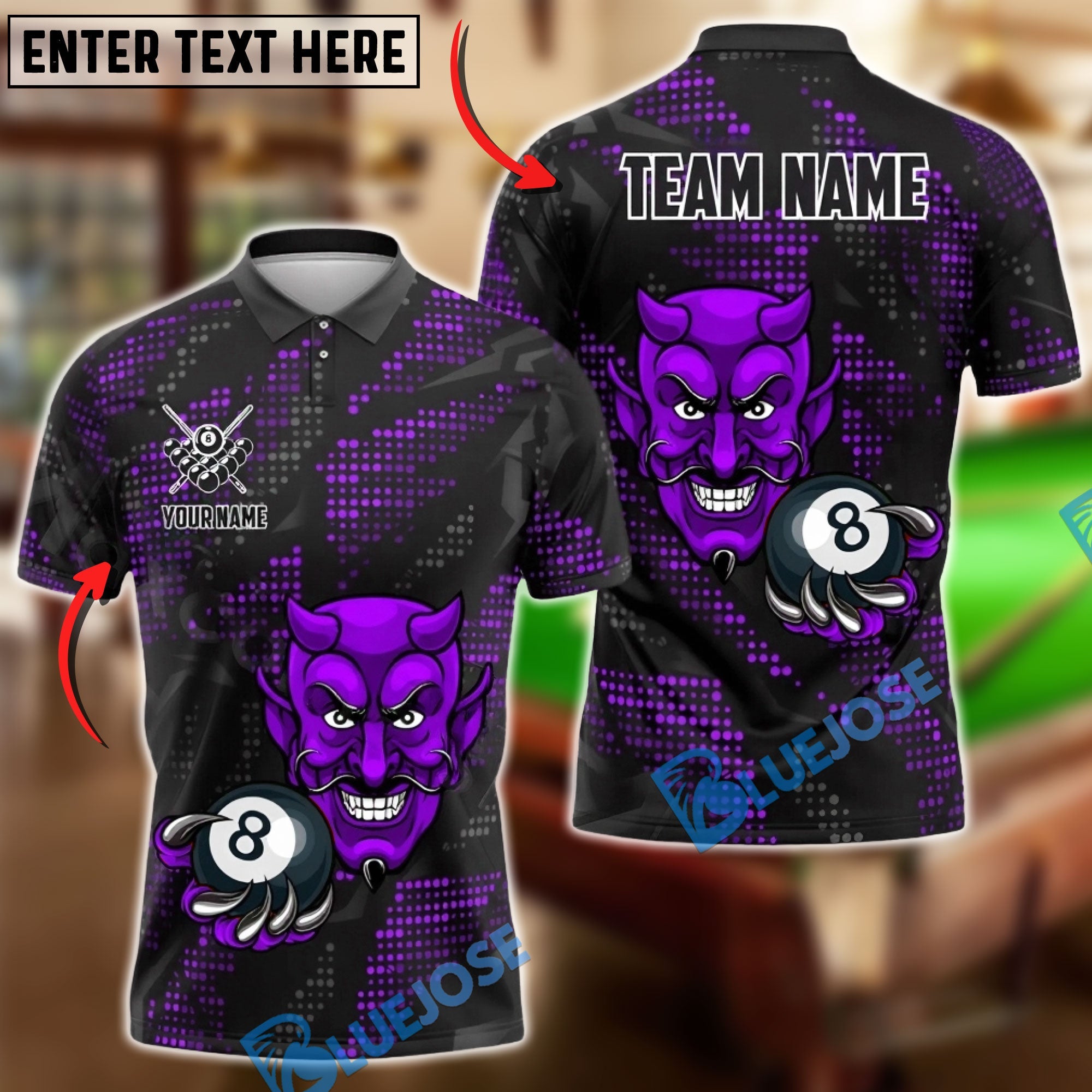 BlueJose Billiards Devil 8-Ball Design Personalized Name Shirt (4 Colors)