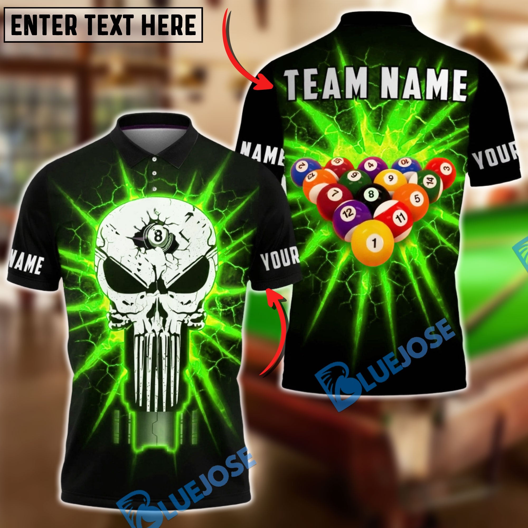 BlueJose Billiards 8 Ball Flaming Punisher Skull Break Shot Personalized Name Shirt (4 Colors)