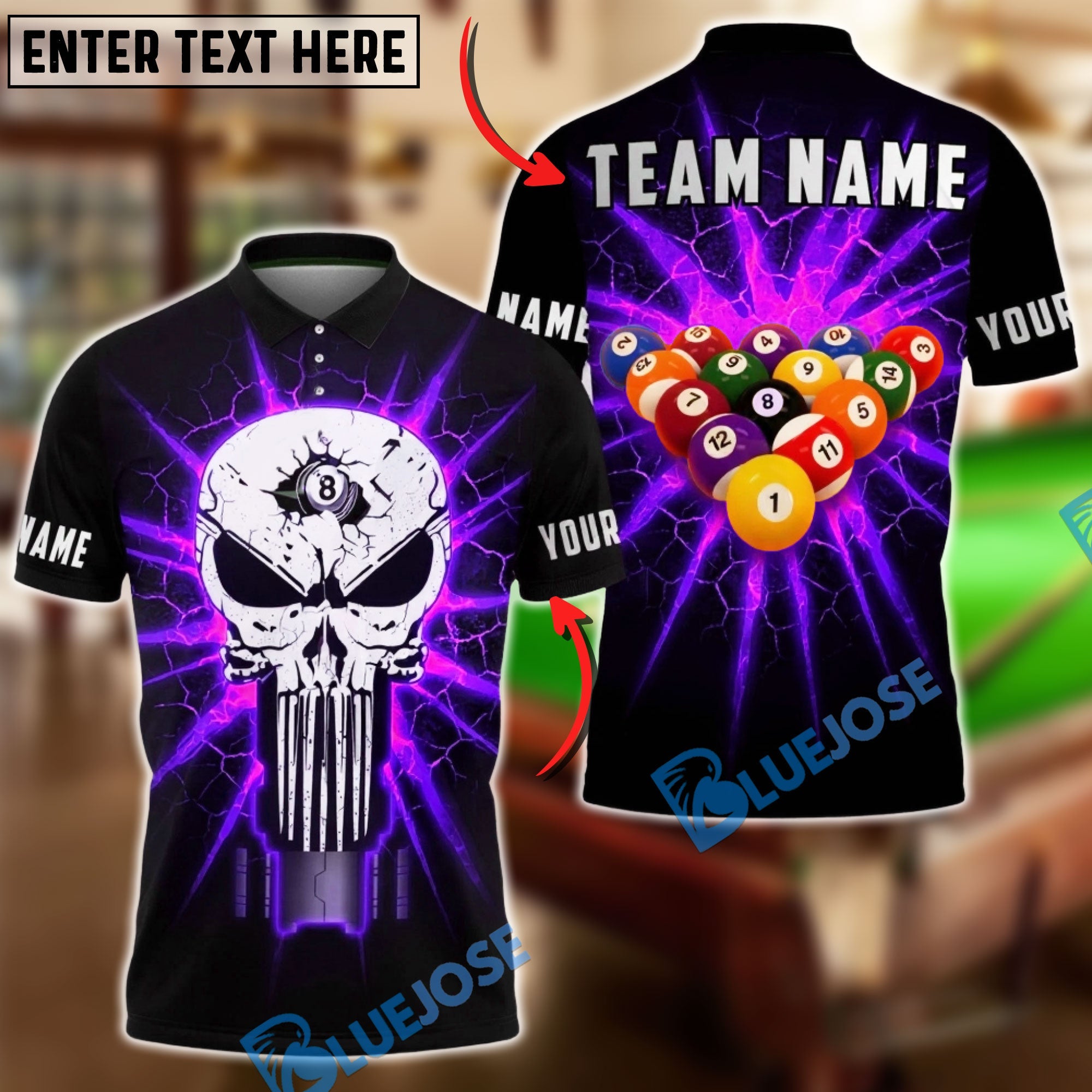 BlueJose Billiards 8 Ball Flaming Punisher Skull Break Shot Personalized Name Shirt (4 Colors)