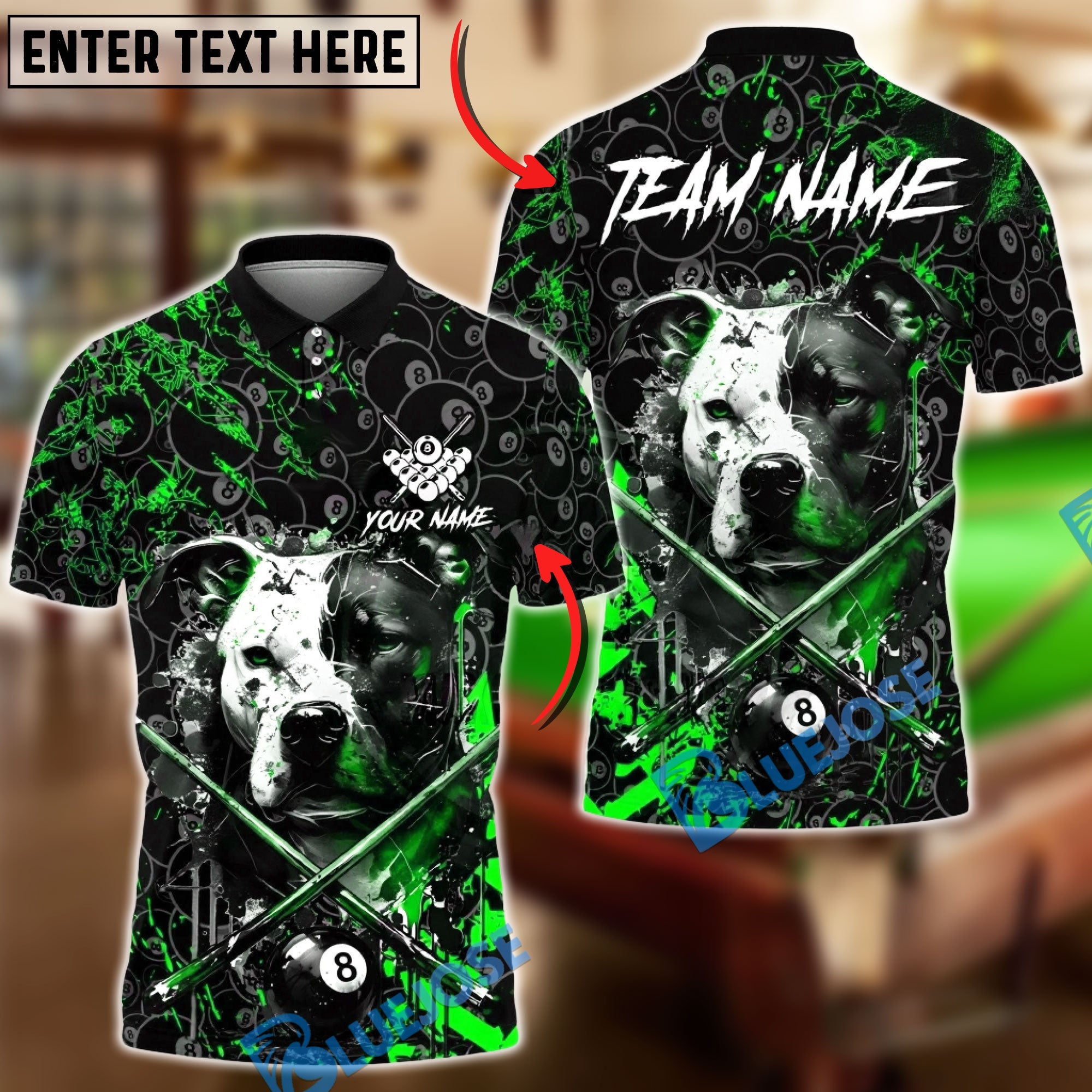 BlueJose Billiards 8 Ball Pitbull Street Style Personalized Name Shirt (4 Colors)