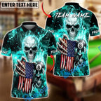 BlueJose Billiards Skull American Flag 8 Ball Dark Lightning Personalized Name Shirt (6 Colors)
