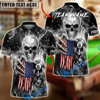 BlueJose Billiards Skull American Flag 8 Ball Dark Lightning Personalized Name Shirt (6 Colors)